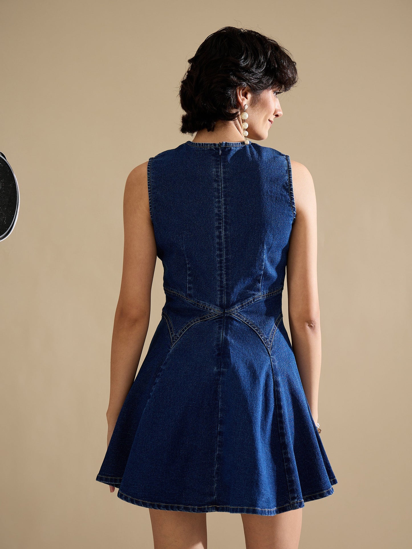 Women Navy Denim Round Neck Short Dress