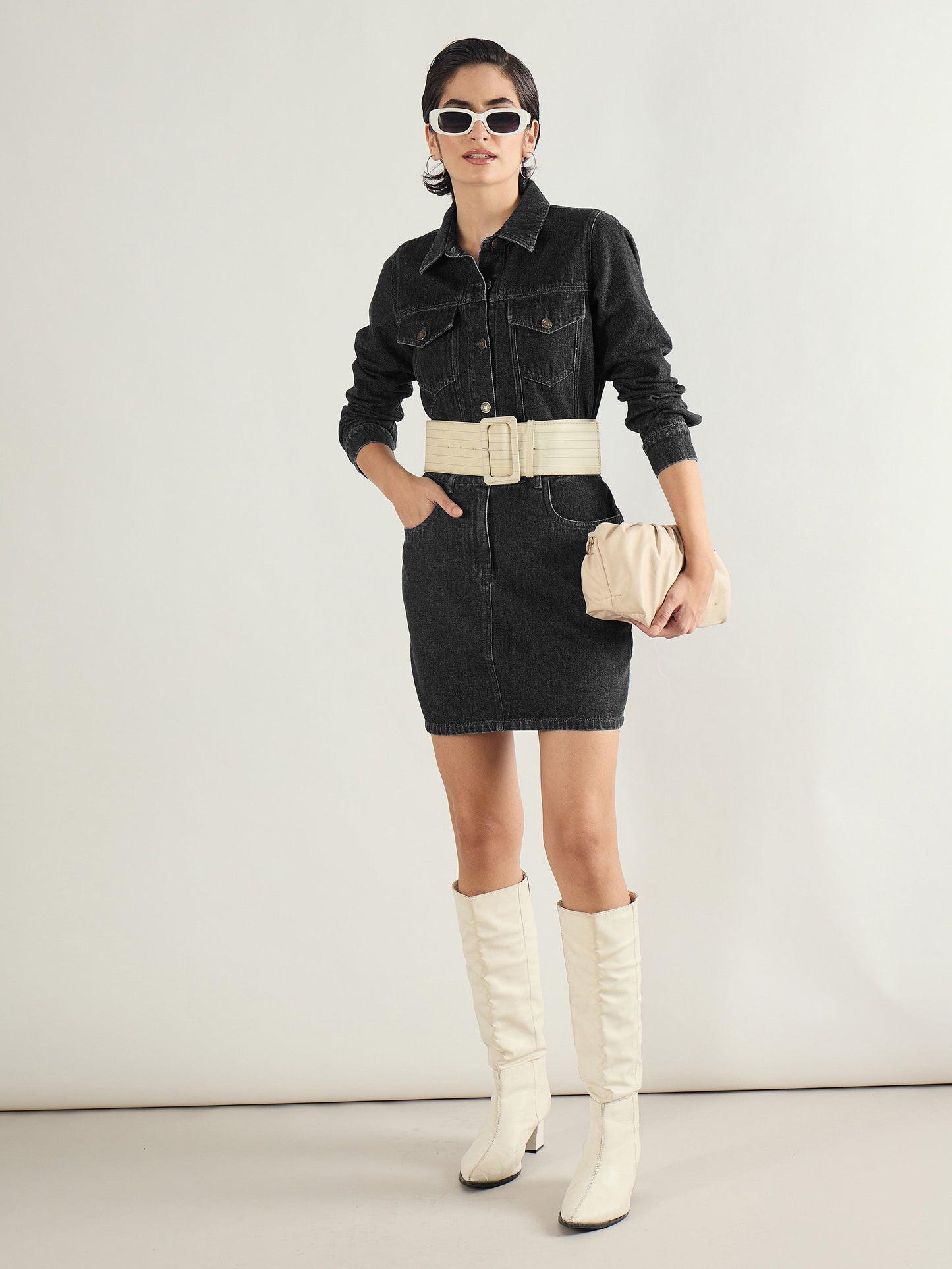 Black Washed Denim Flap Pocket Short Dress