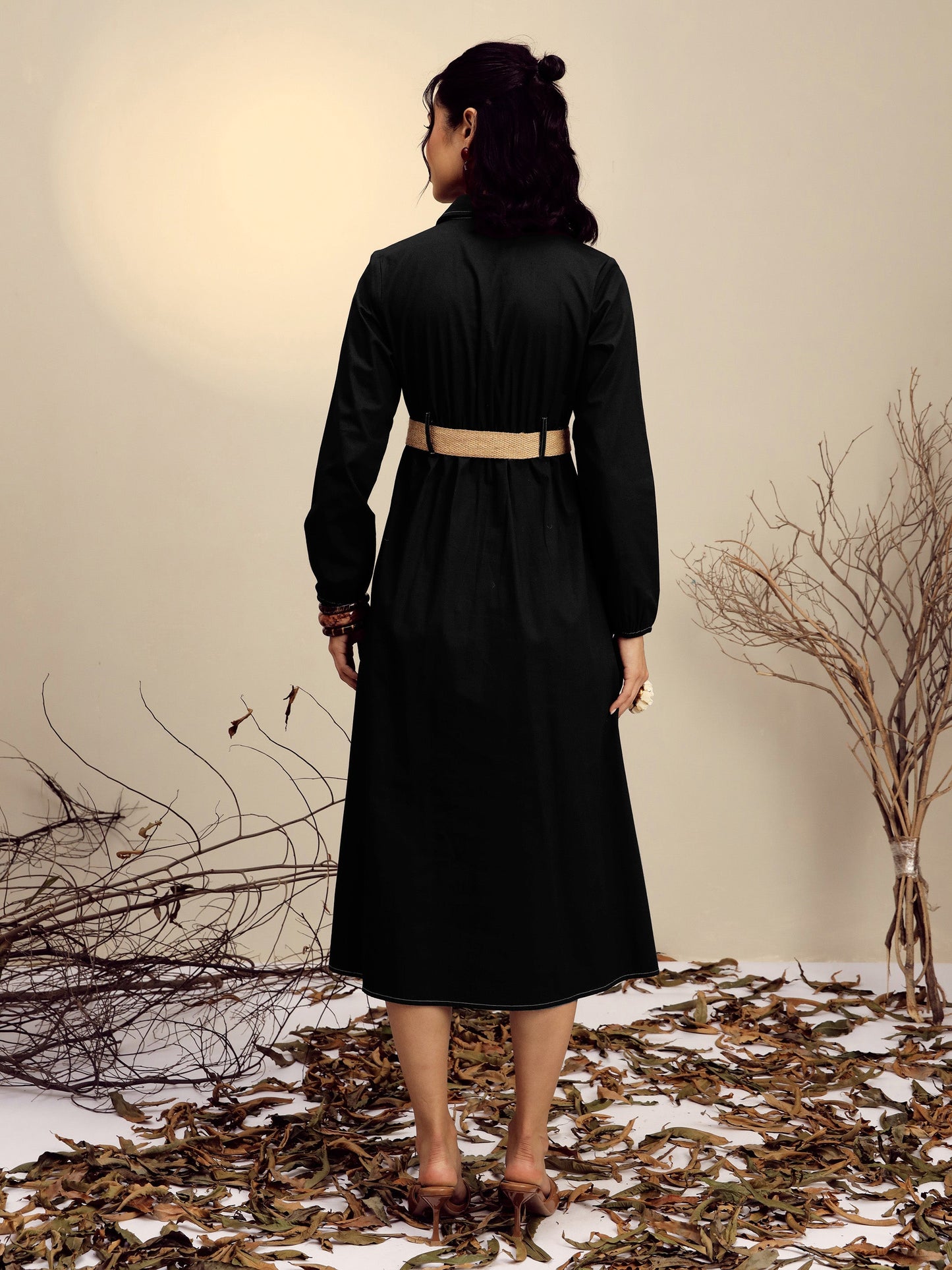 Black Poplin Front Open Midi Dress