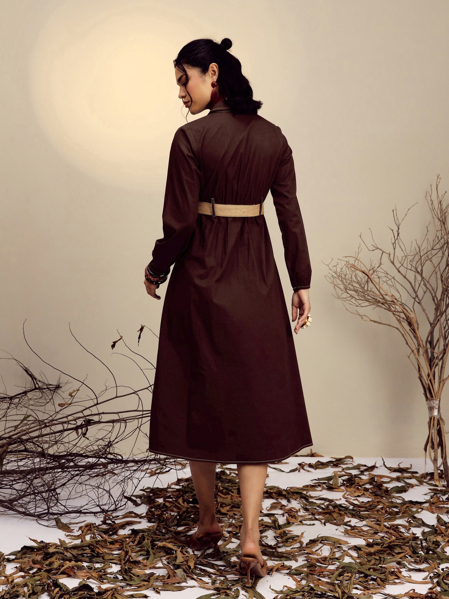 Brown Poplin Front Open Midi Dress