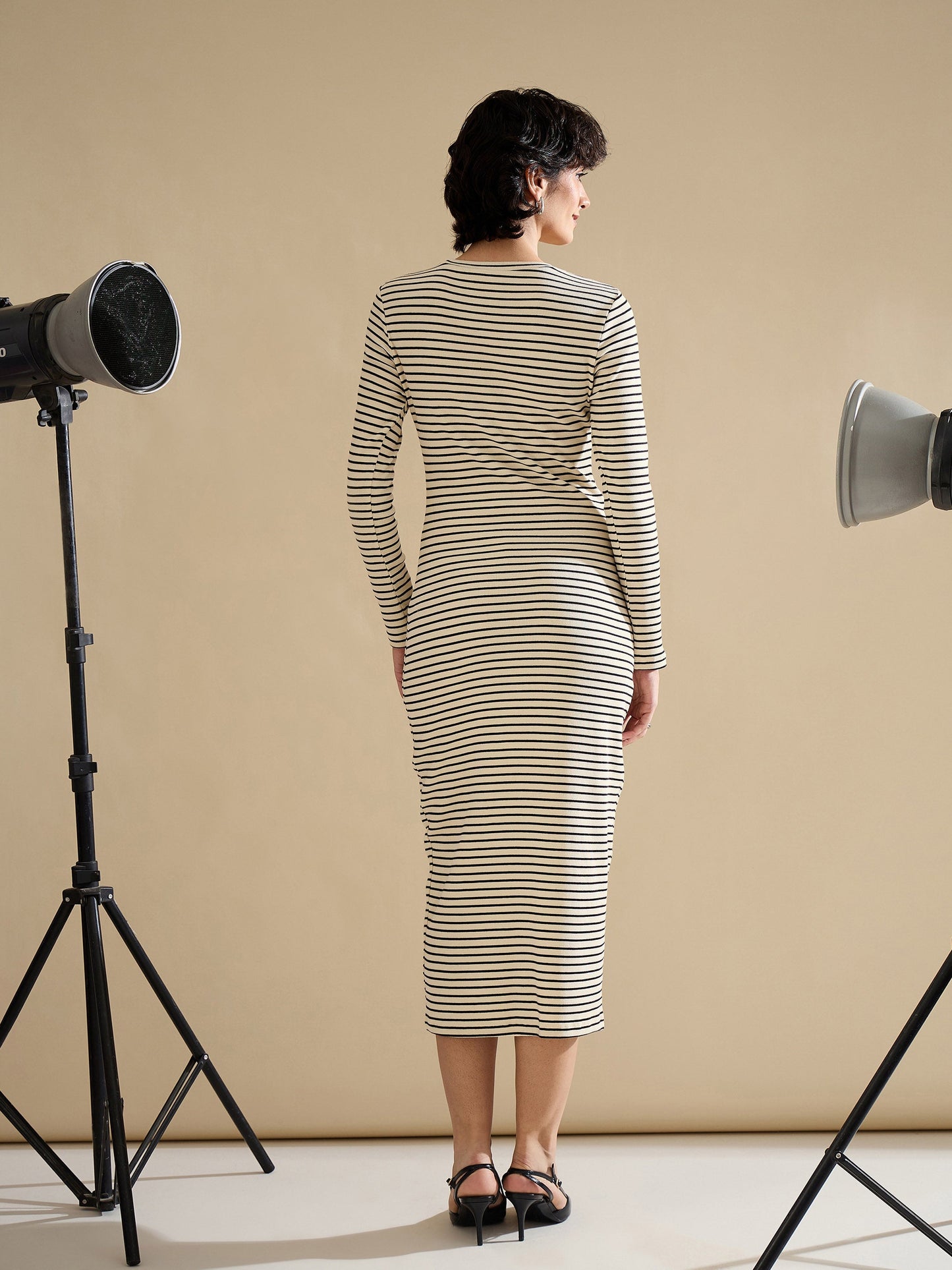 Black & Off-White Striped Rib Bodycon Midi Dress
