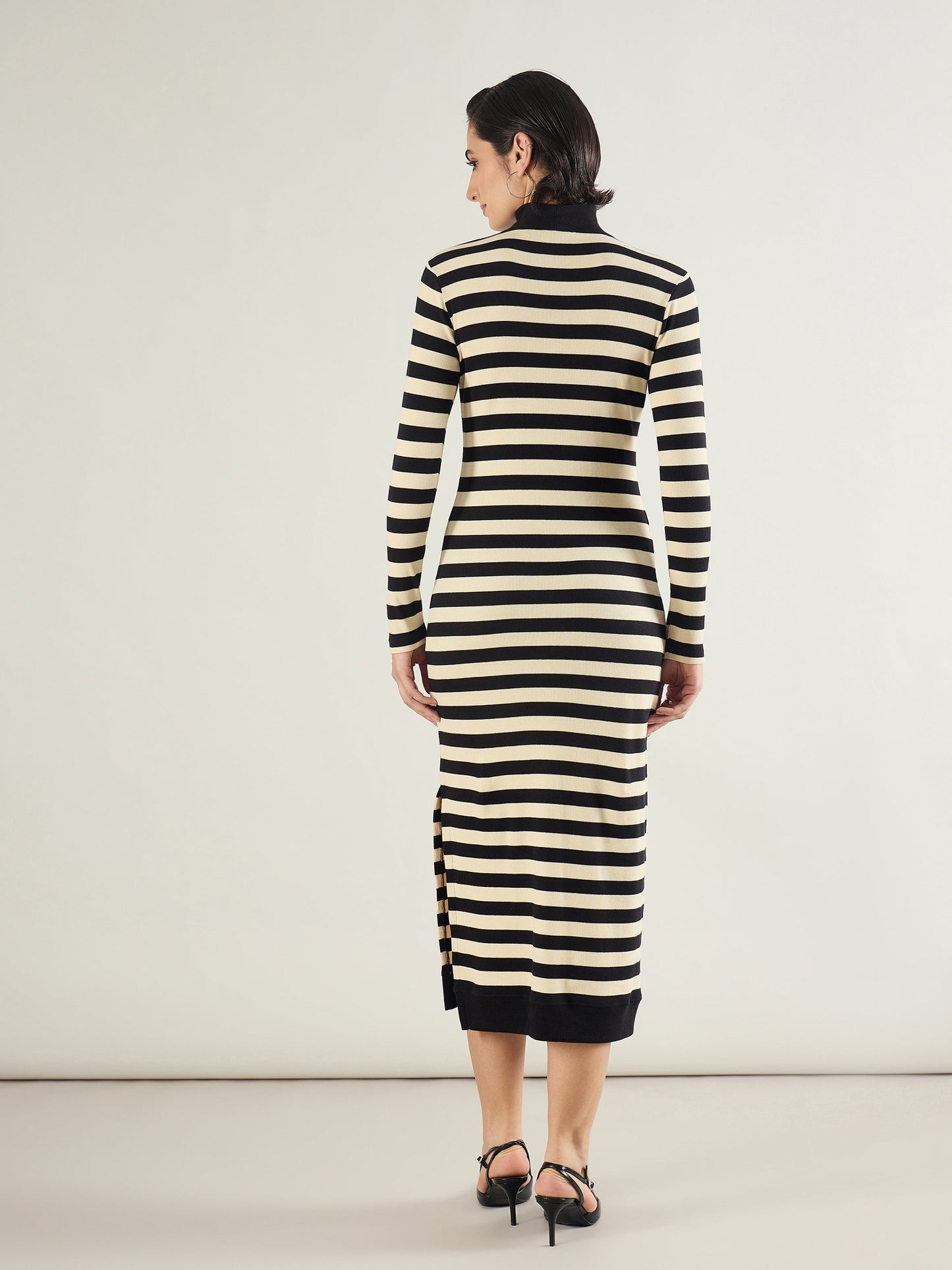 Black & Off-White Striped High Neck Midi Dress