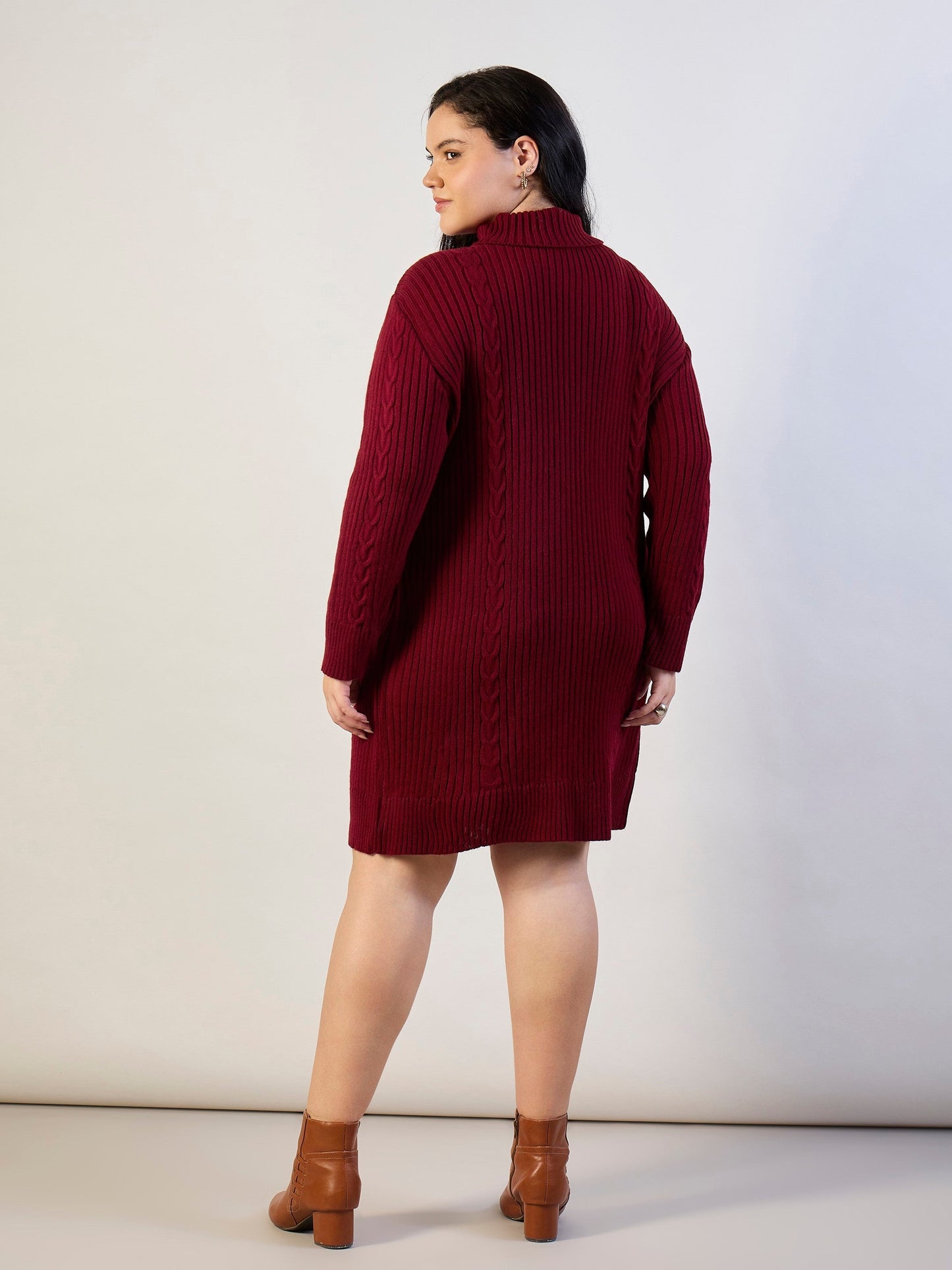 Women Maroon Acrylic Wool High Neck Short Dress