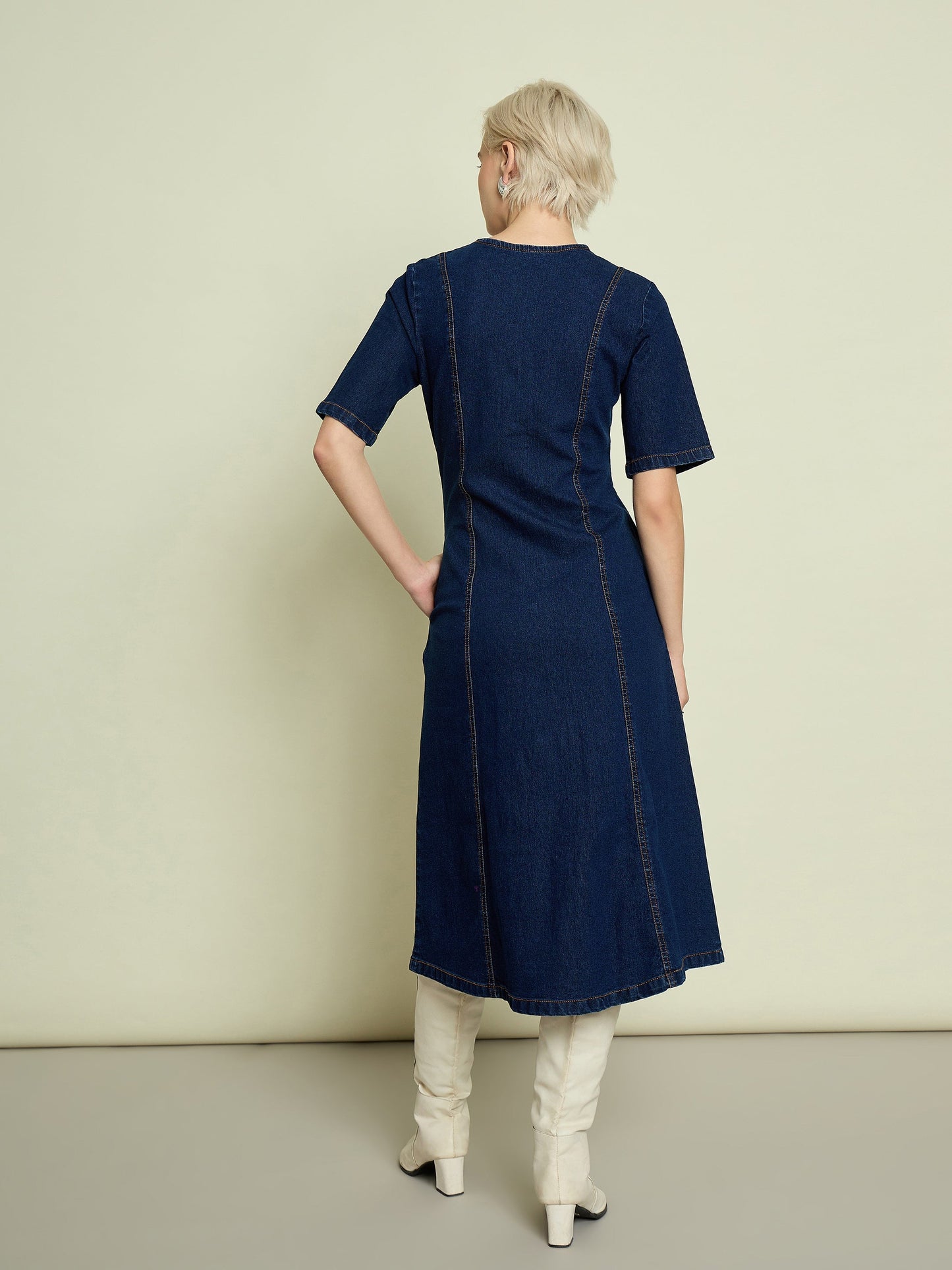 Women Navy Blue Denim V Neck Midi Dress
