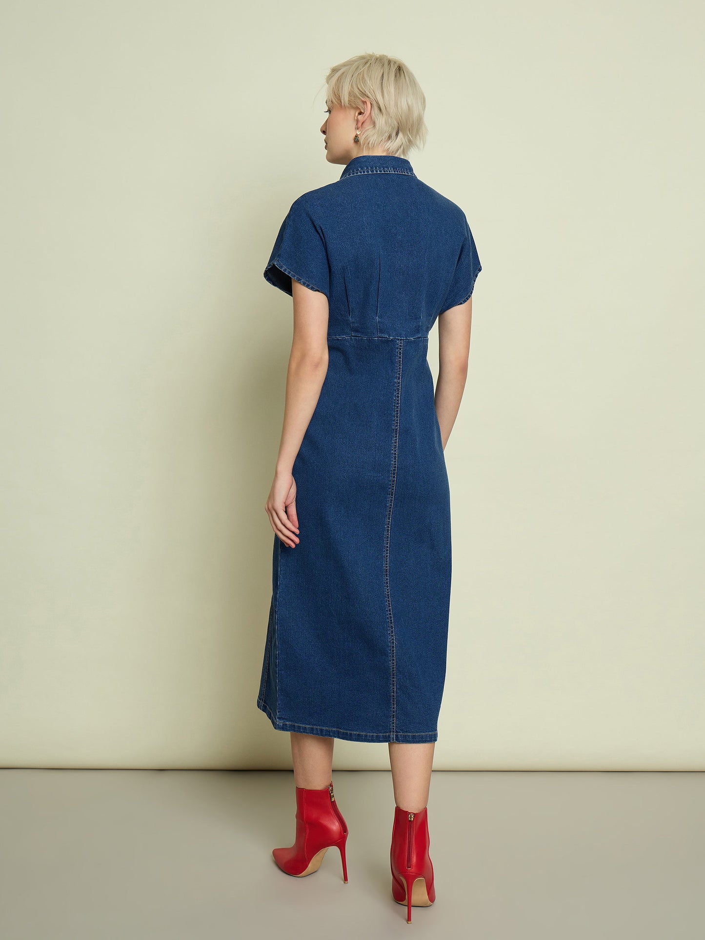 Women Blue Denim Kimono Sleeves Midi Dress