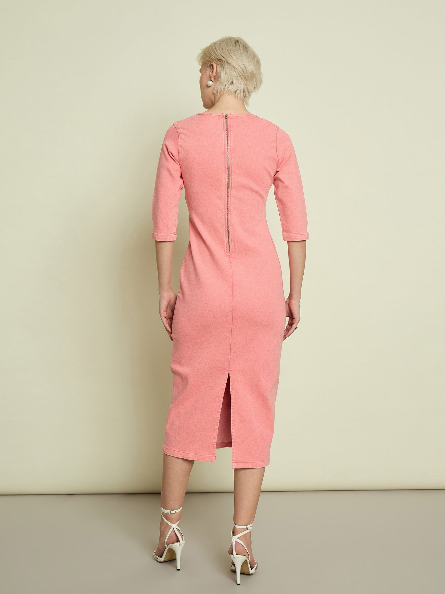 Women Pink Denim V Neck Midi Dress