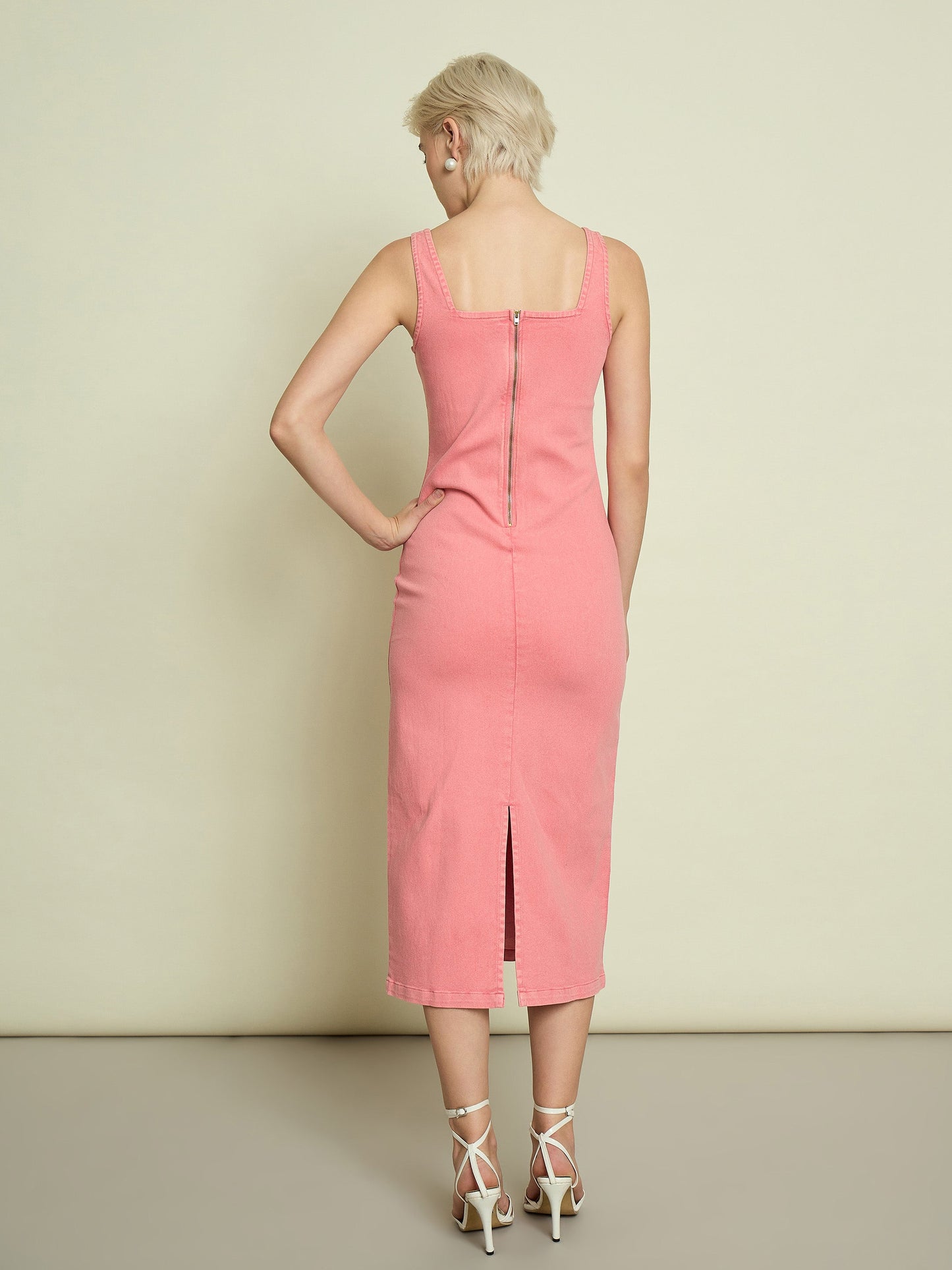 Women Pink Denim Strappy Midi Dress