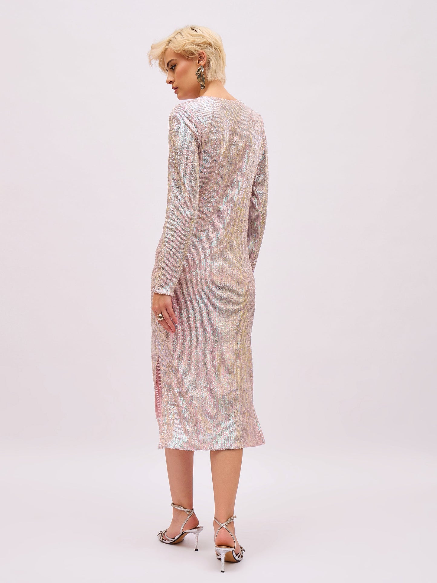 Women Pink Rainbow Sequin Round Neck Side Slit Midi Dress