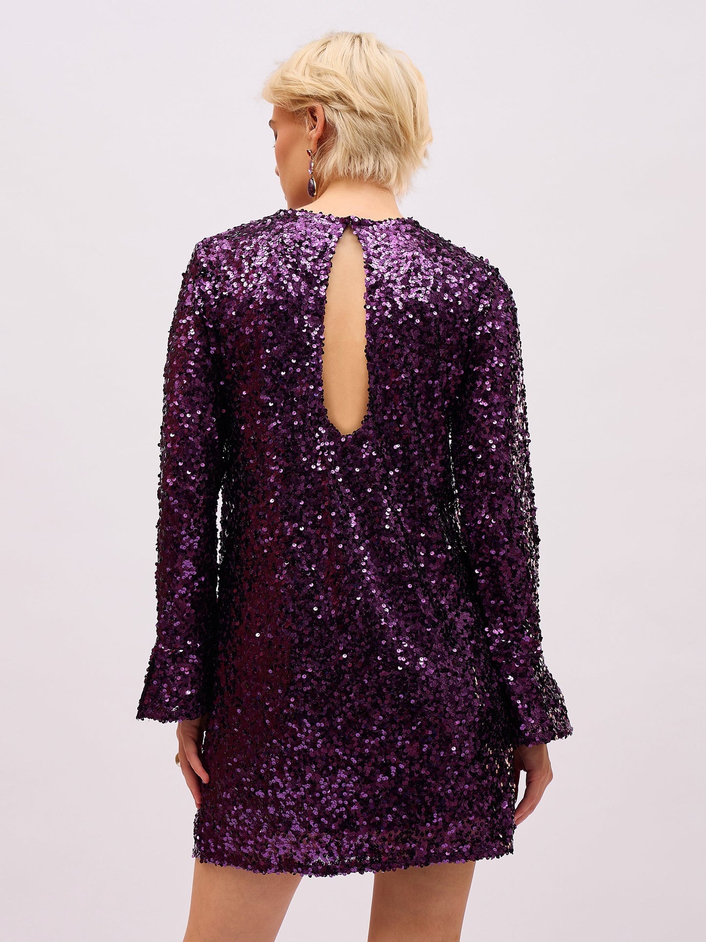 Women Purple Sequin Back Cut-Out Short Dress