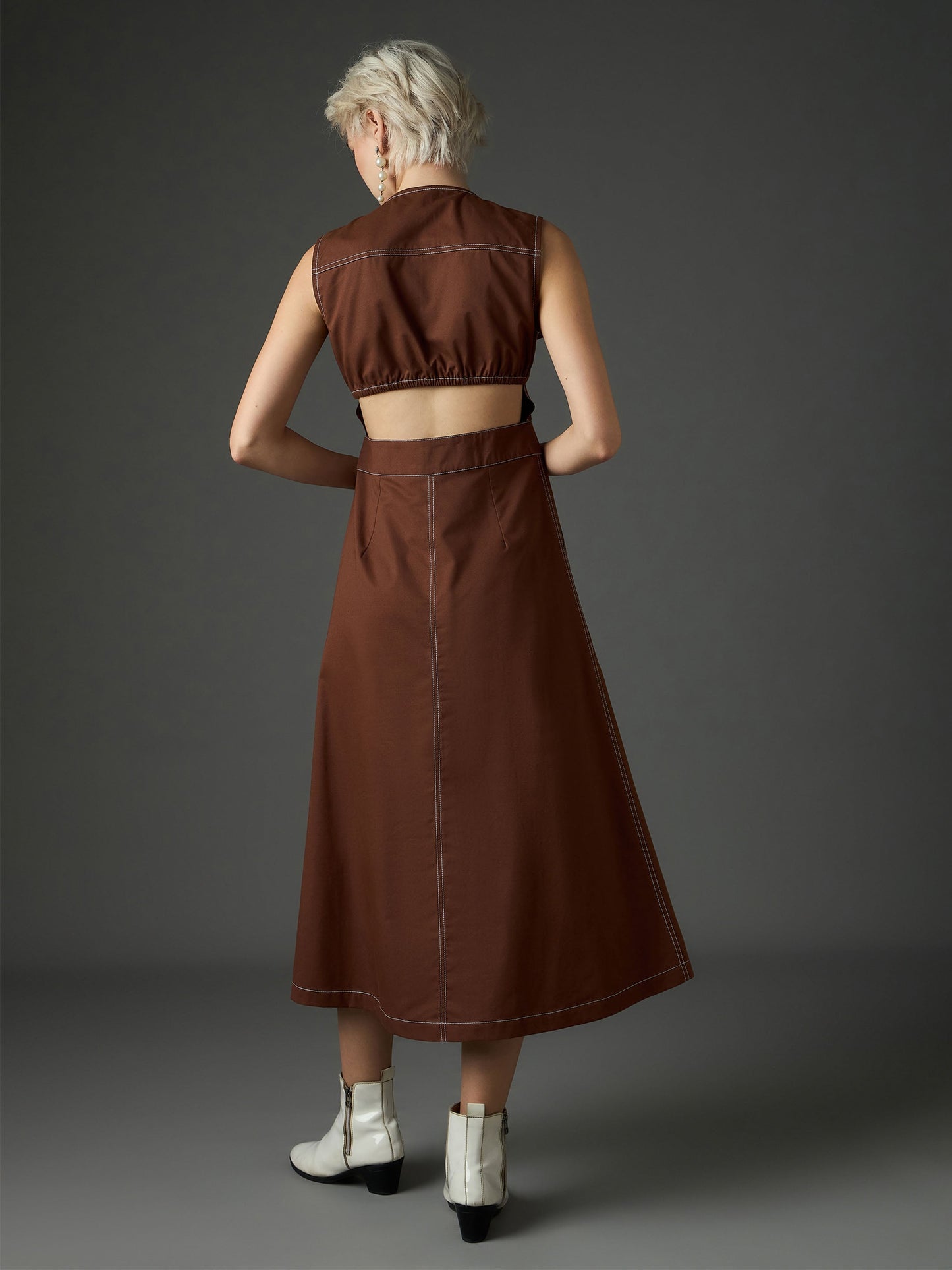Women Brown Twill Waist Cut-Out Midi Dress