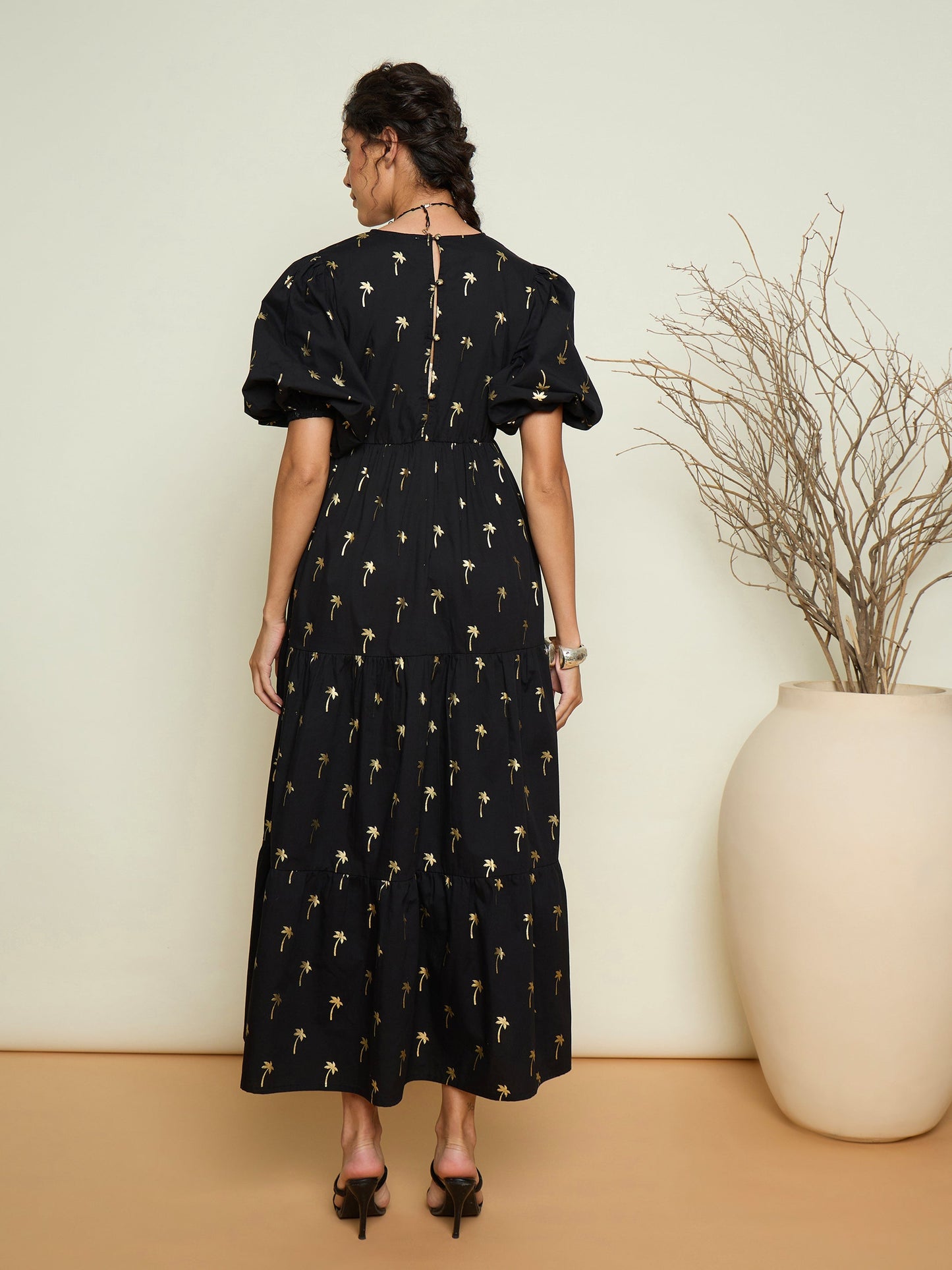 Women Black Foil Print Puff Sleeves Tiered Maxi Dress