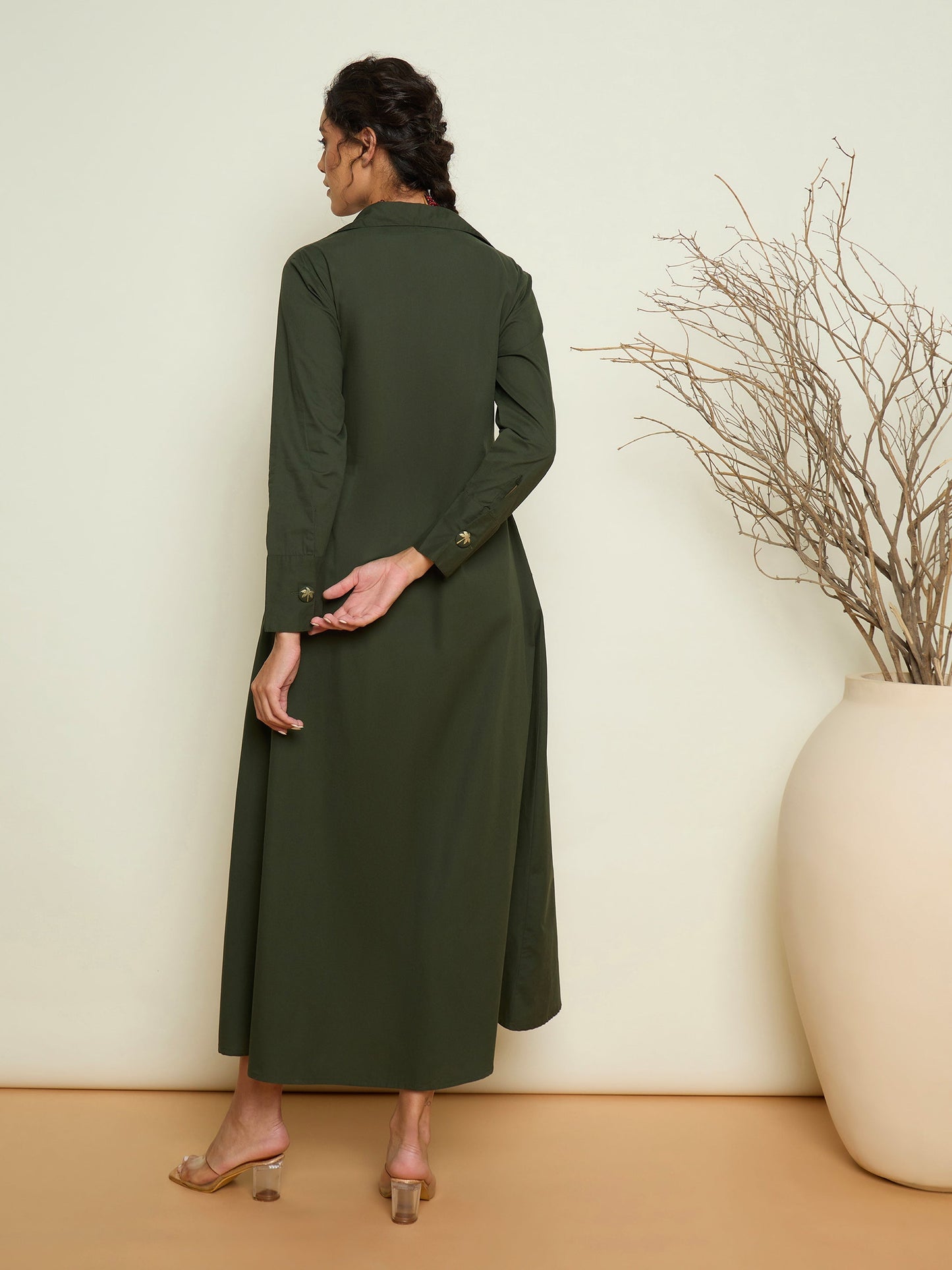 Women Olive Foil Print Longline Shirt Dress