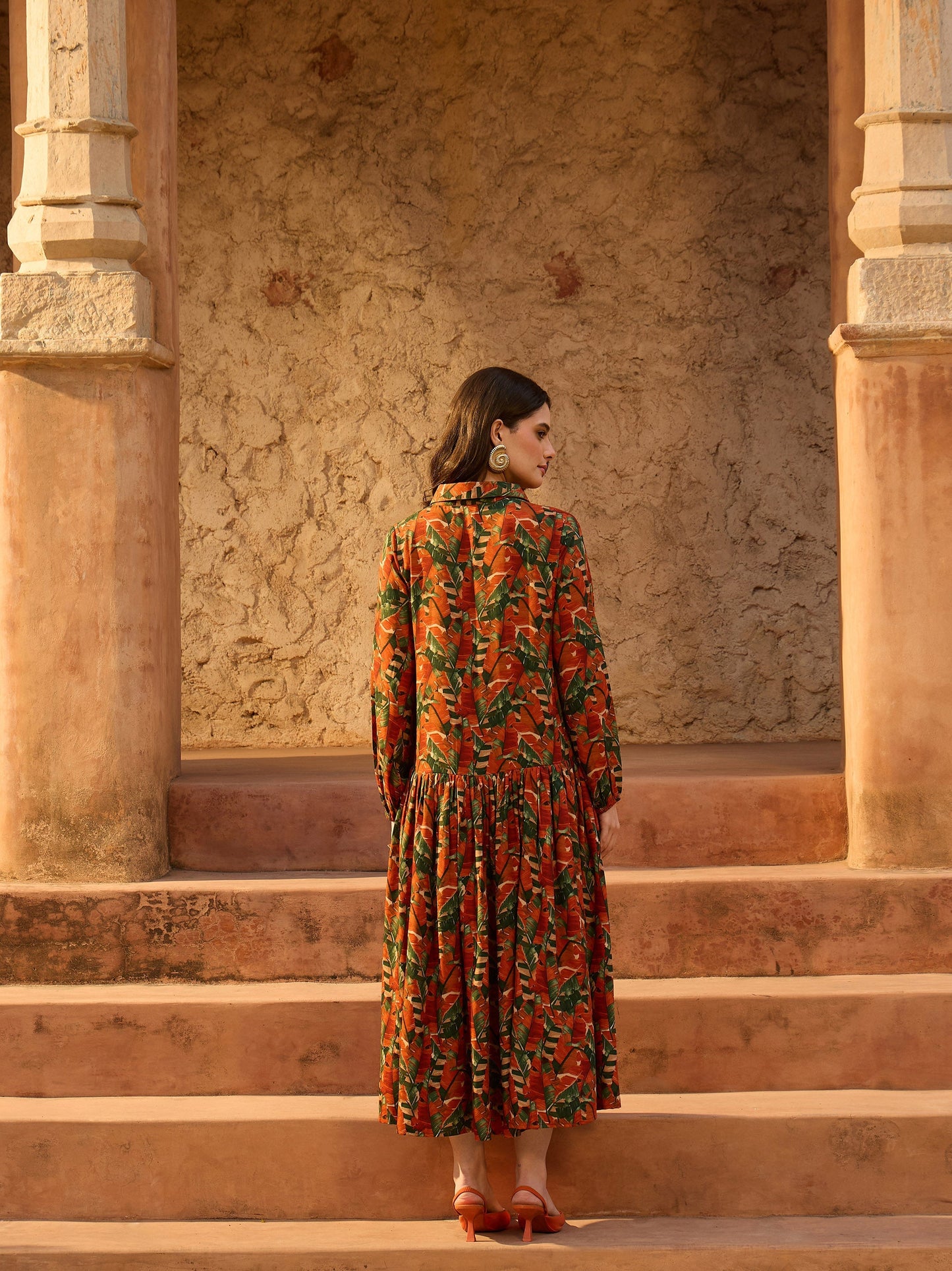 Women Rust Tropical Print Front Button Down Midi Dress