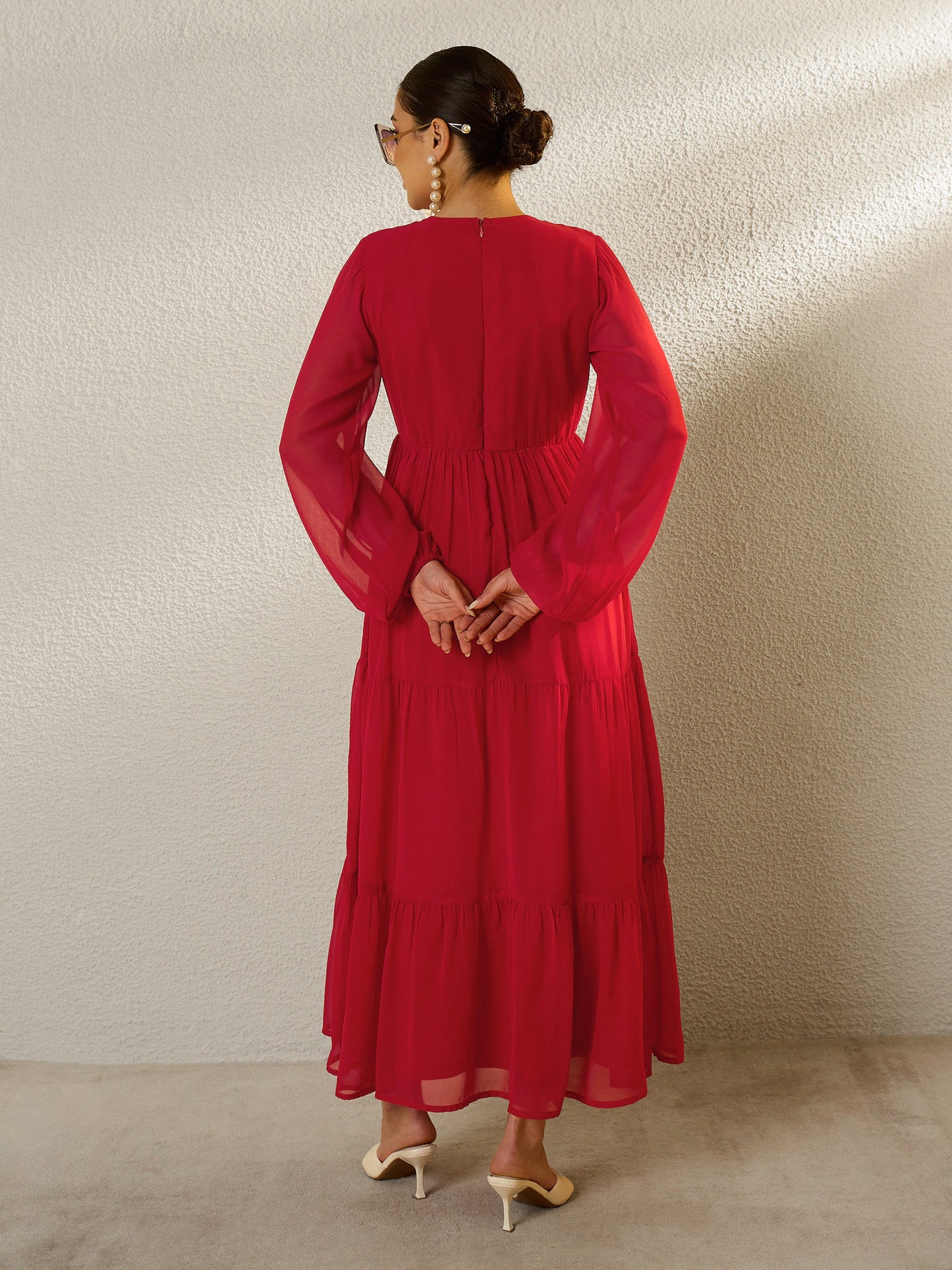Women Red Round Neck Full Sleeve Maxi Dress