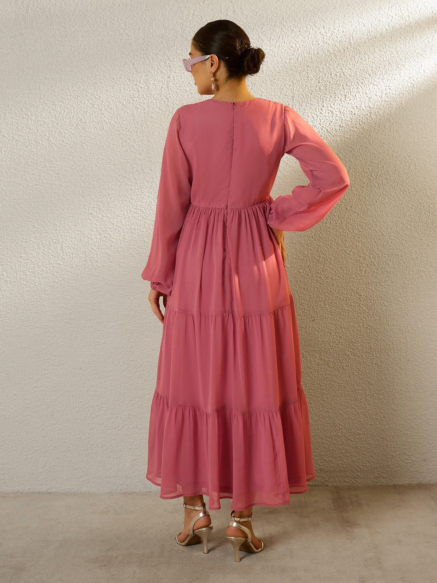 Women Pink Round Neck Full Sleeve Maxi Dress