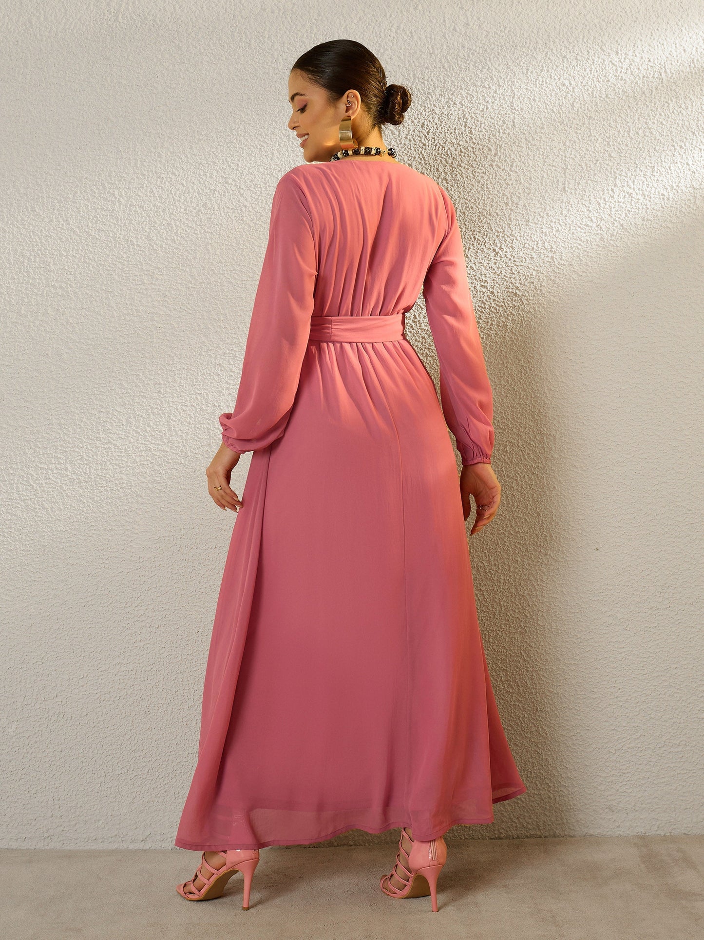 Women Pink V-Neck Full Sleeve Maxi Dress
