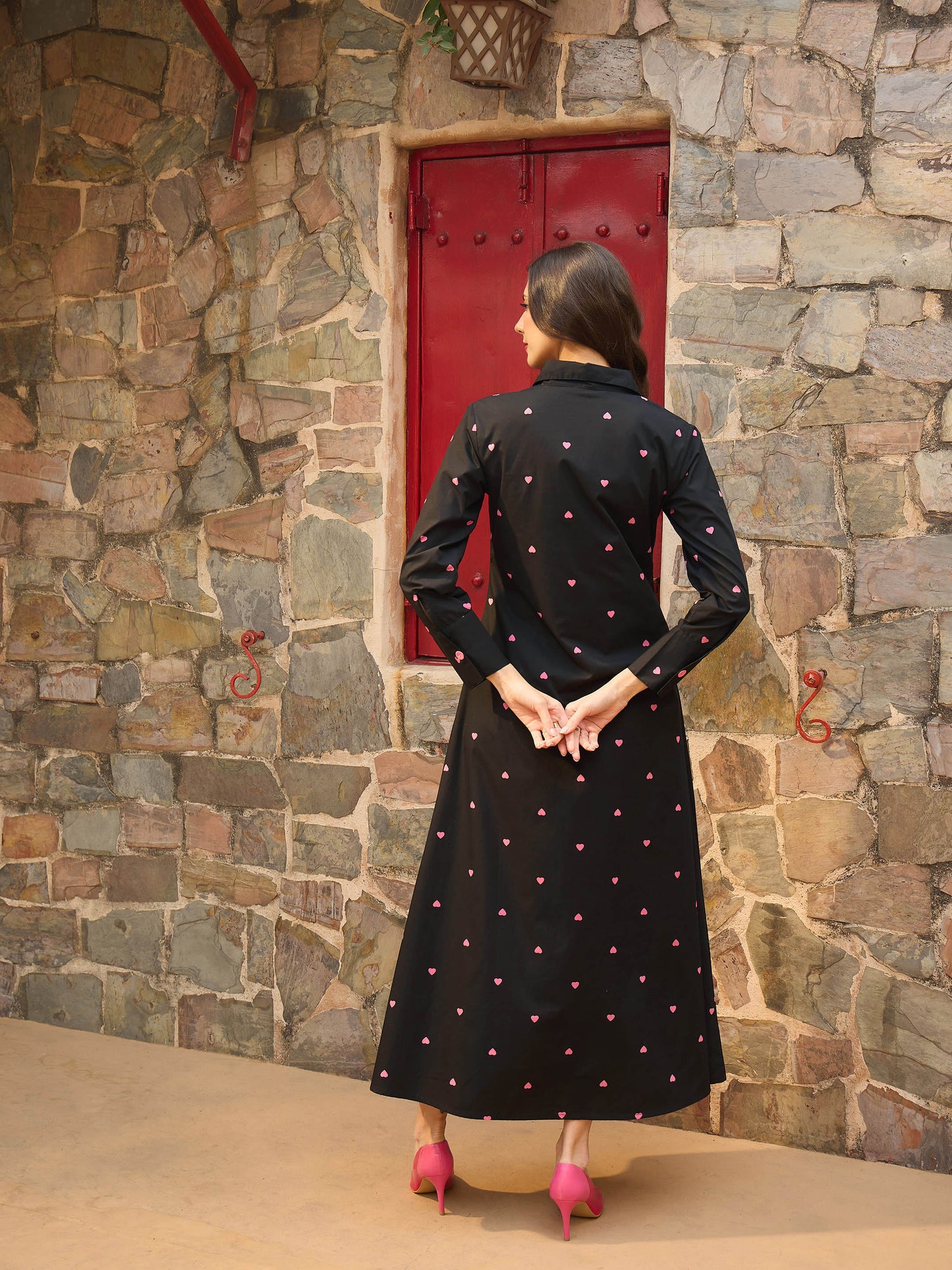 Women Black Heart Print A-line Longline Shirt Dress