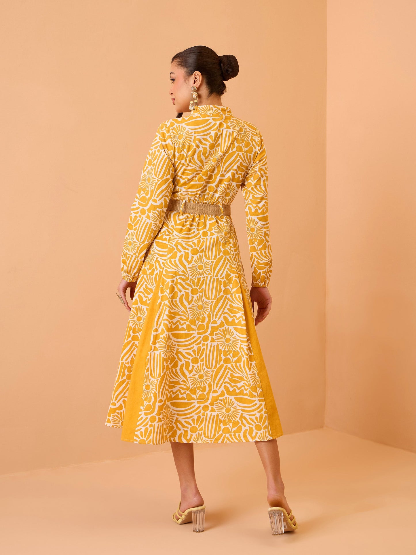 Women Yellow Floral Kick Pleat Midi Dress
