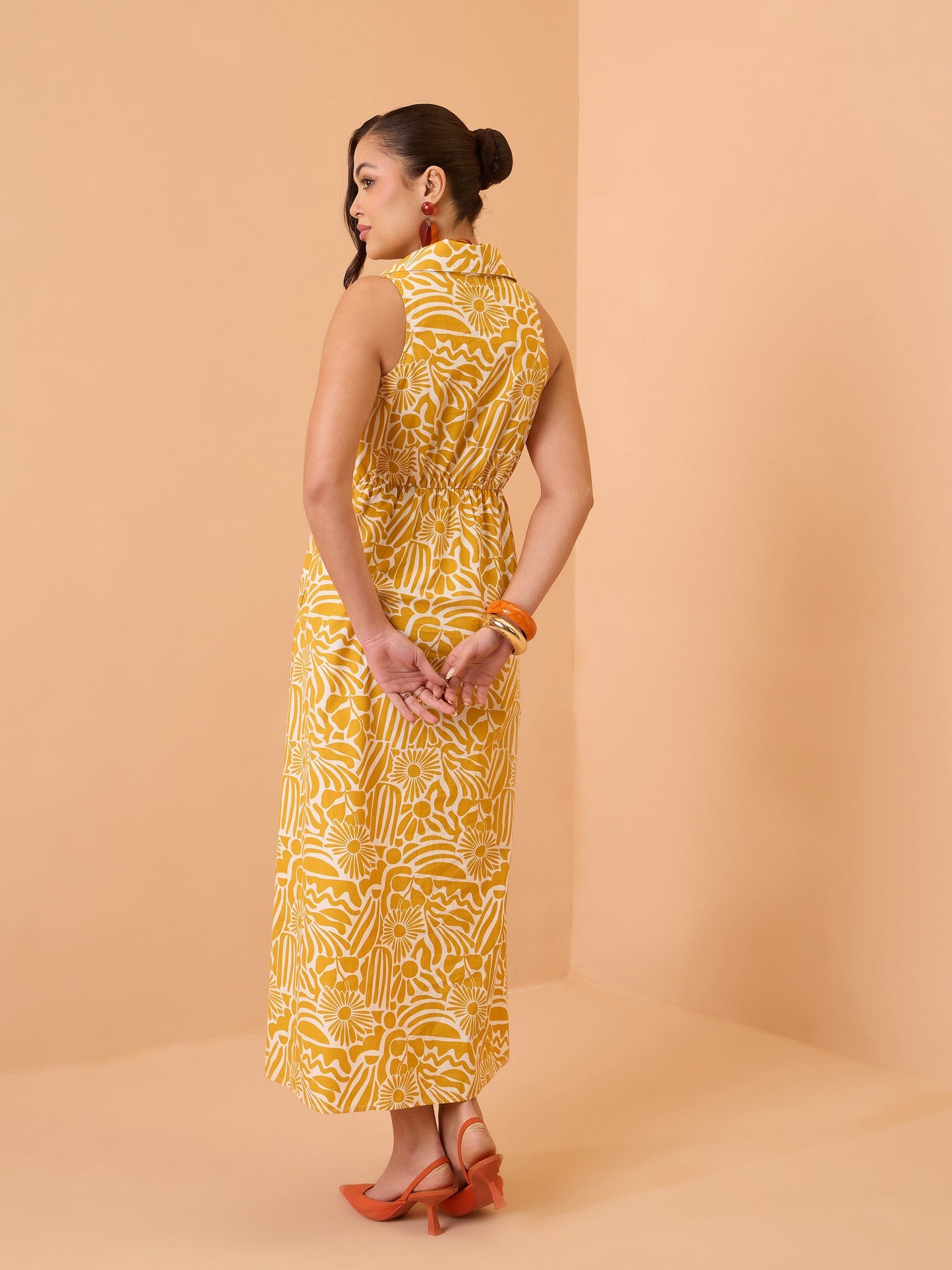Women Yellow Floral Front Knot Button Down Midi Dress