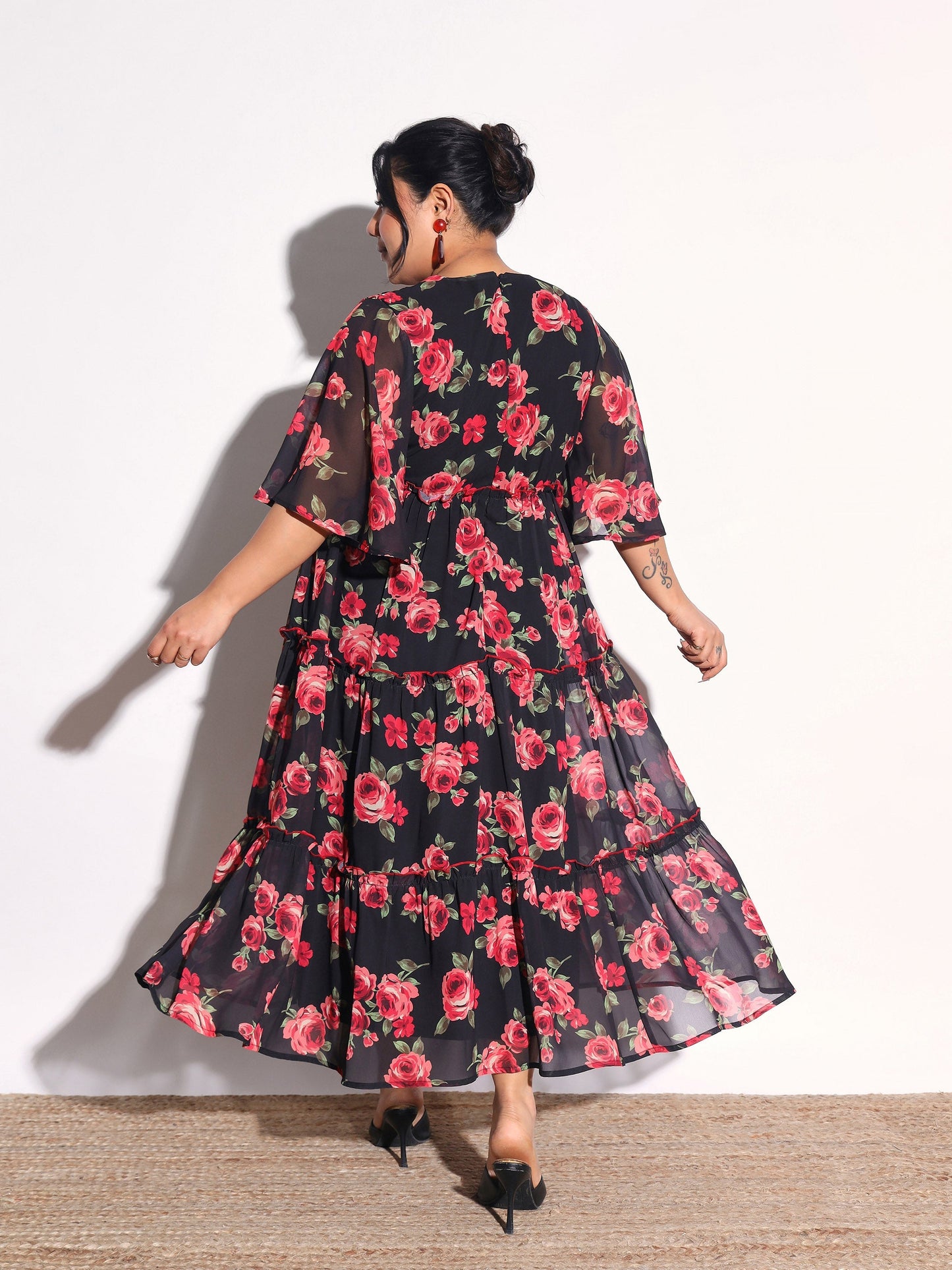 Women Black & Red Floral Flared Sleeves Tiered Maxi Dress