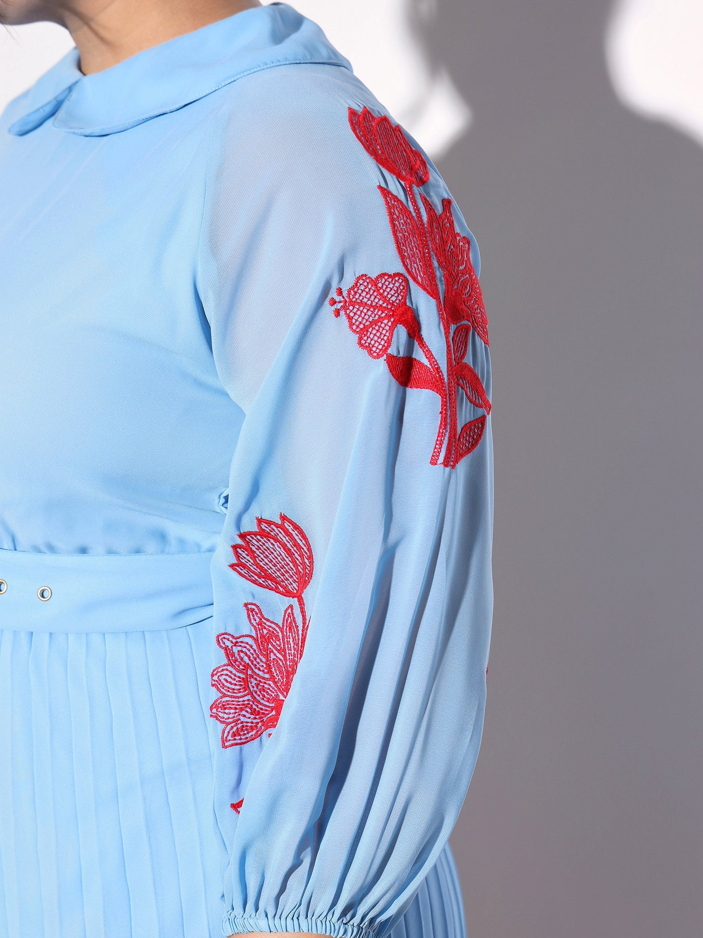 Women Blue Embroidered PeterPan Pleated Midi Dress