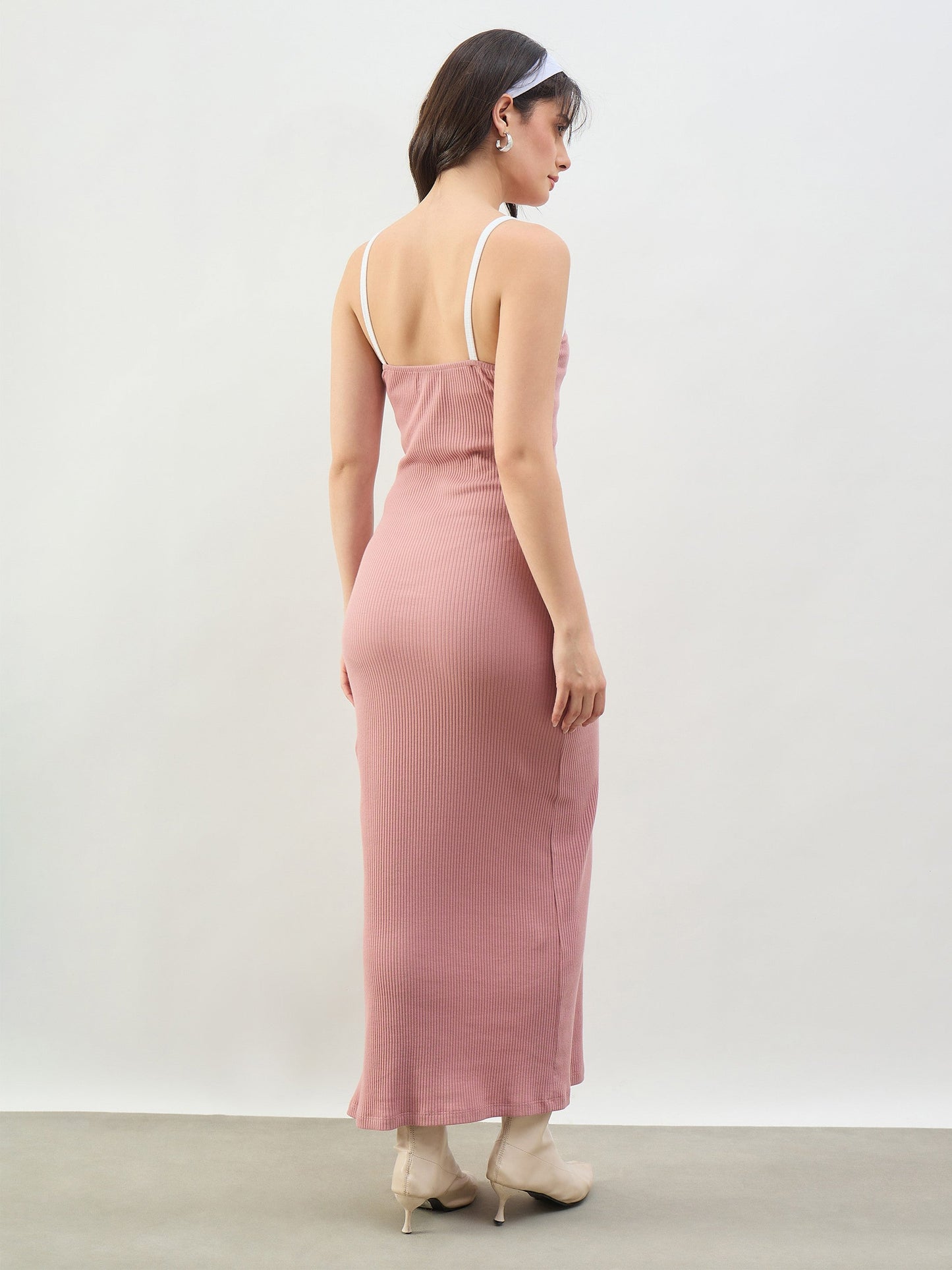 Women Pink Rib Contrast Piping Detail Strappy Maxi Dress