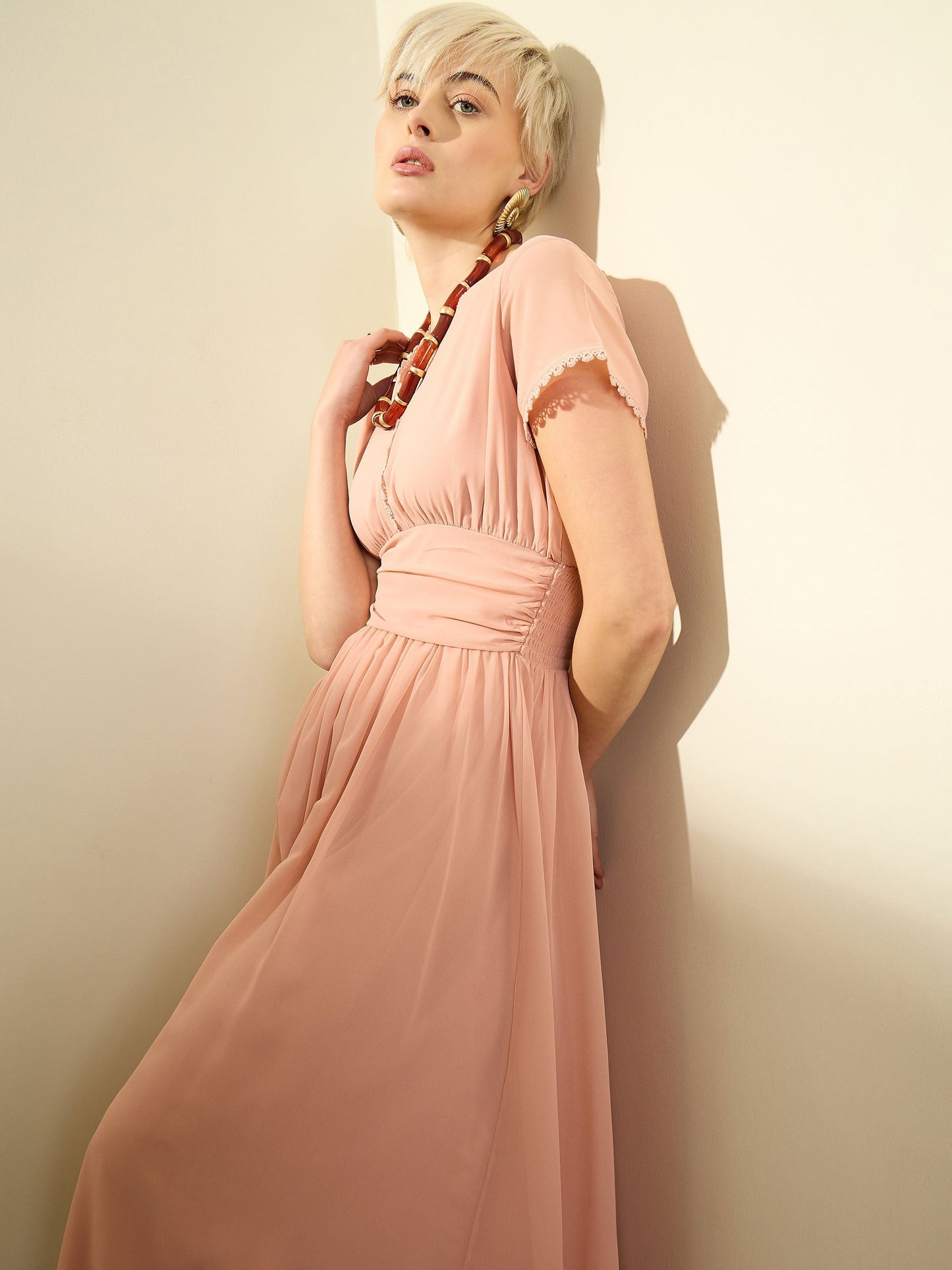 Women Pink Solid Cap Sleeves Maxi Dress