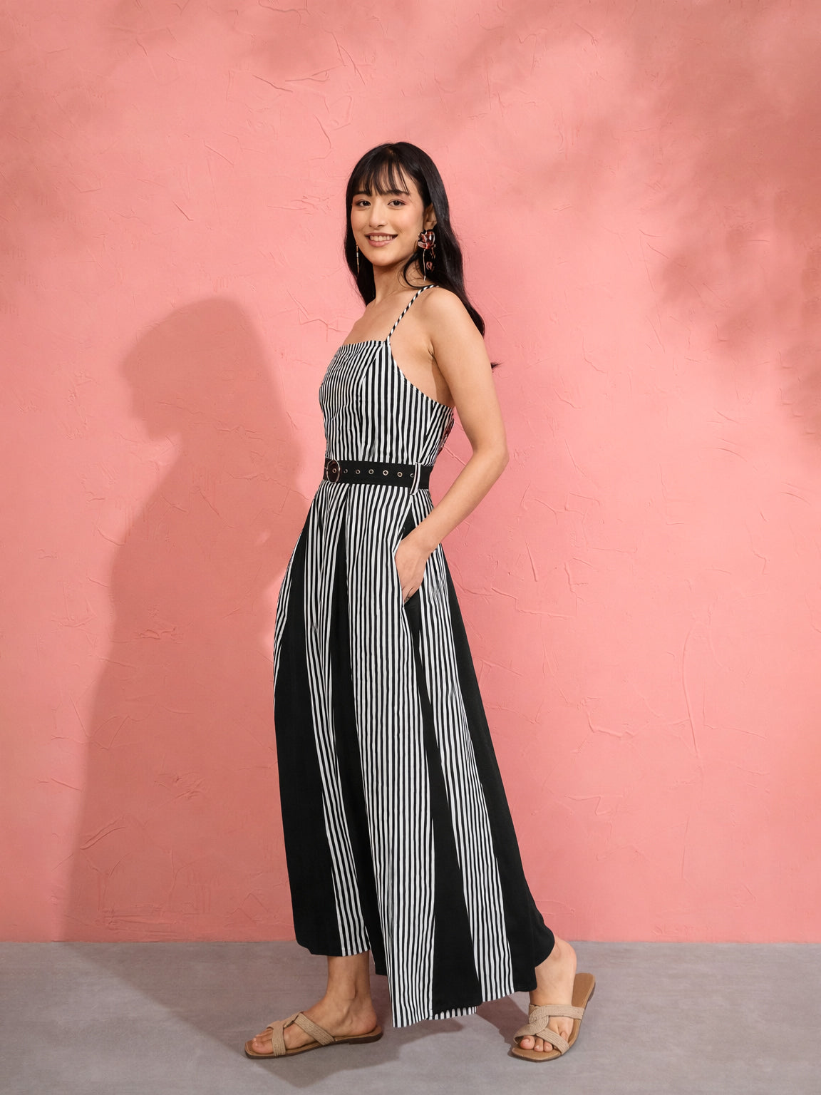Women Black & White Stripe Strappy Flared Midi Dress