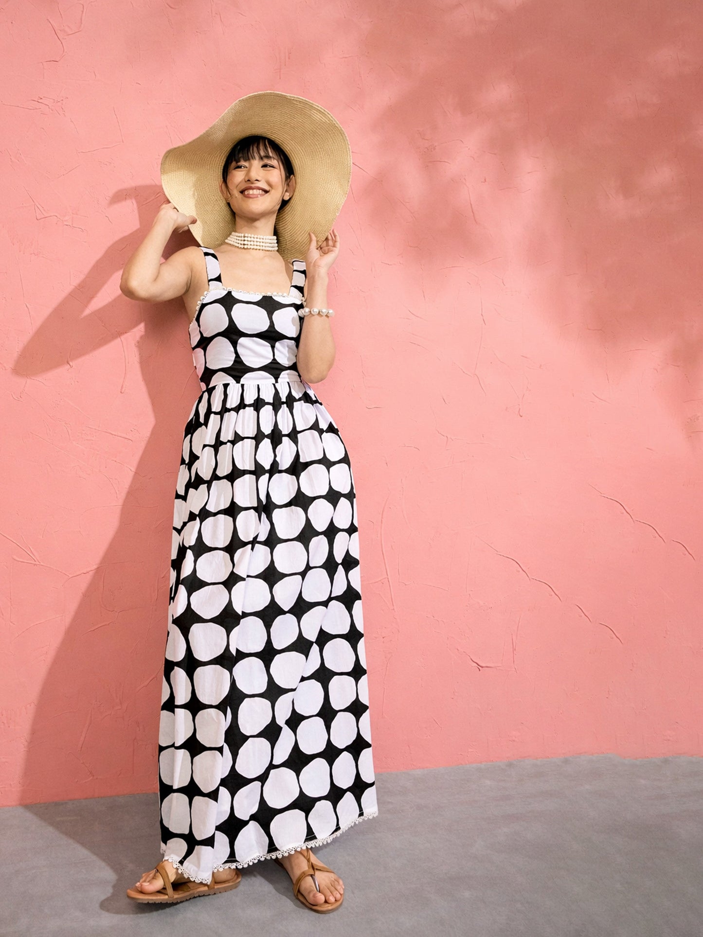 Women Black & White Big Polka Dot Strappy Maxi Dress