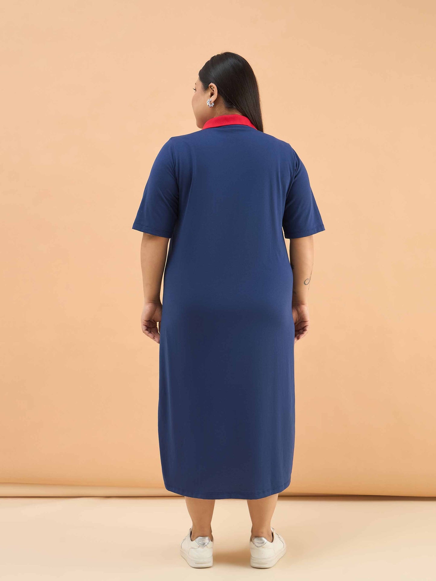 Navy Polo Neck Side Slit Midi Dress