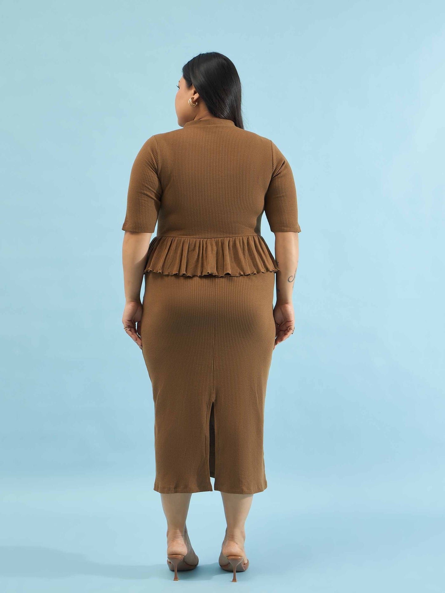 Brown Rib Front Peplum Bodycon Midi Dress