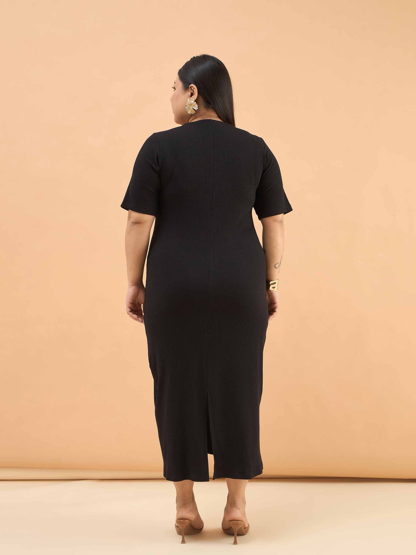 Black Rib Front Zipper Midi Dress