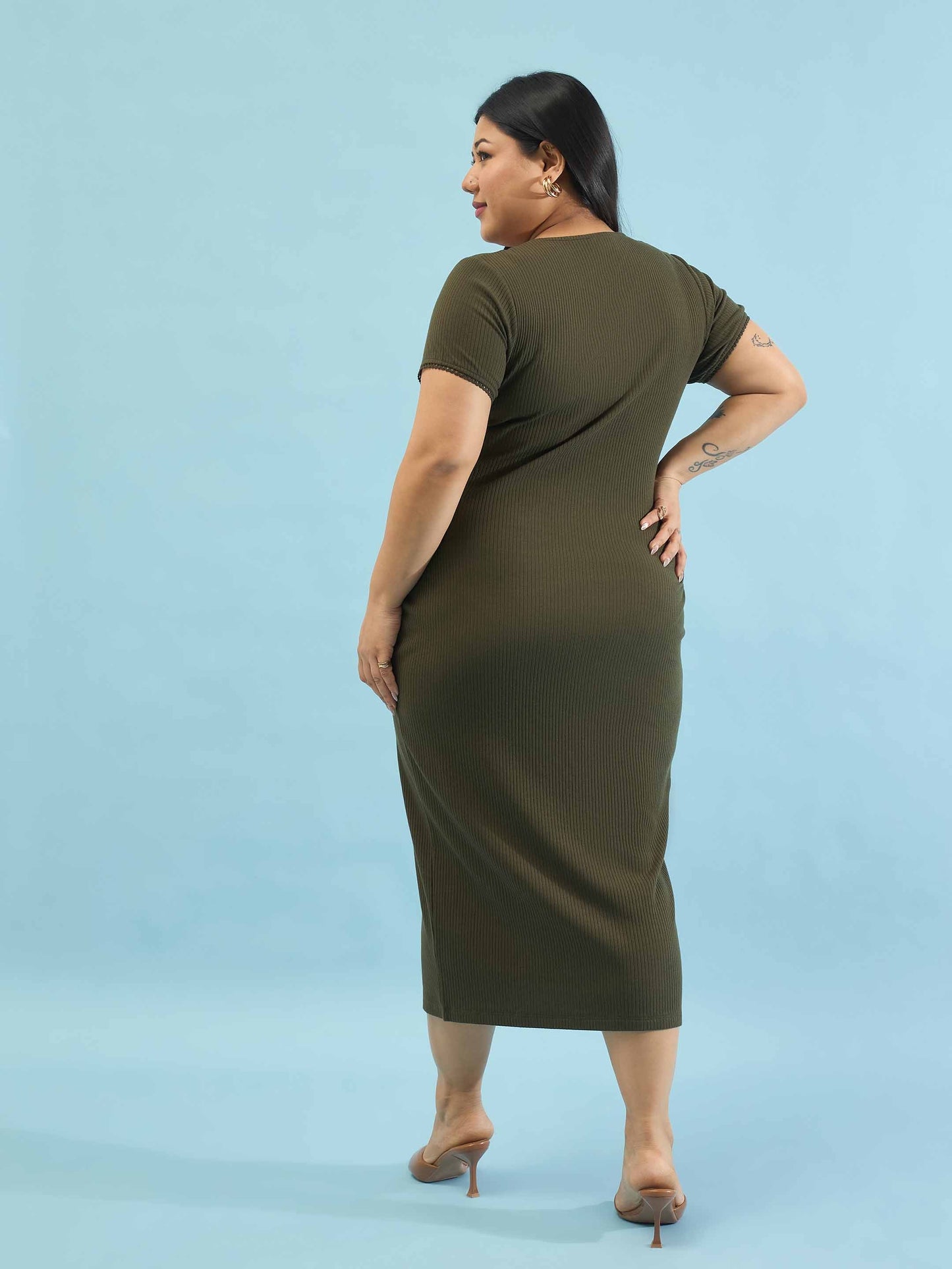 Olive Rib Button Down Midi Dress