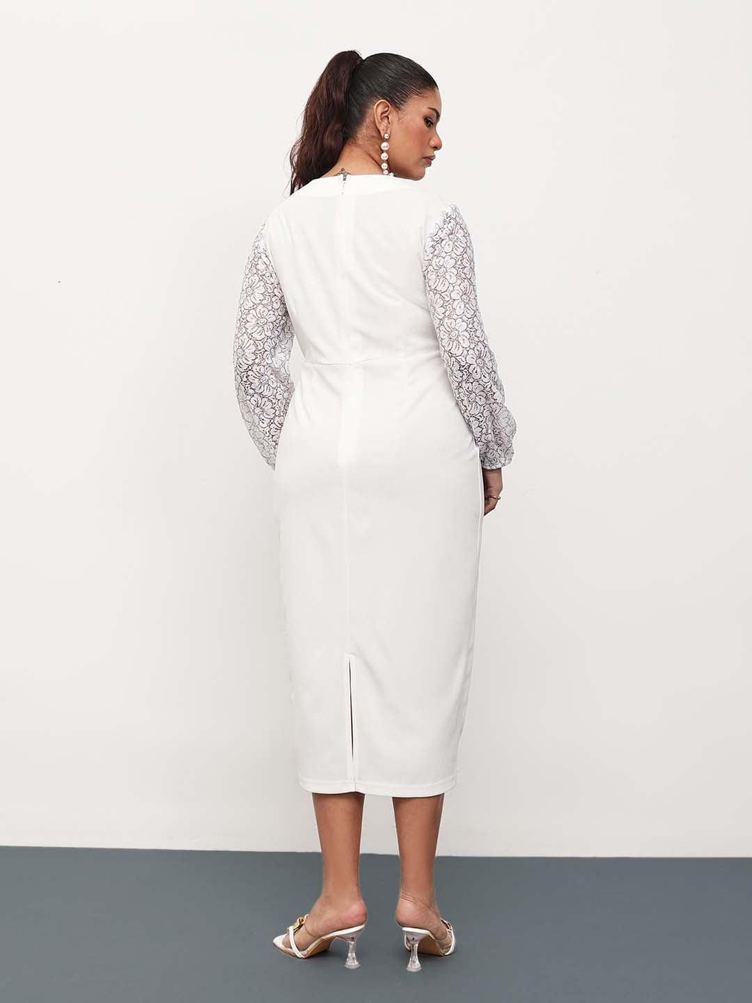 White Square Neck Lace Sleeves Bodycon Midi Dress