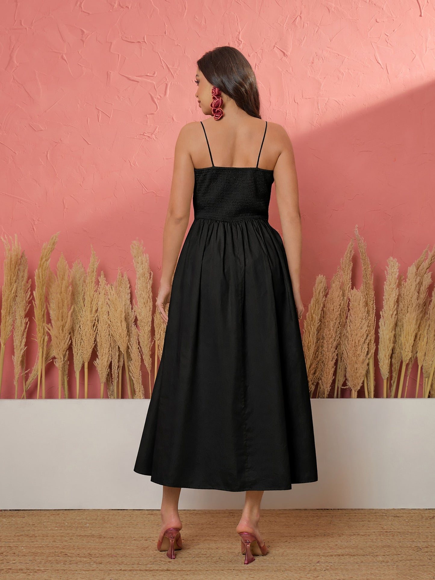 Black Ric Rac Low Waist Strappy Midi Dress