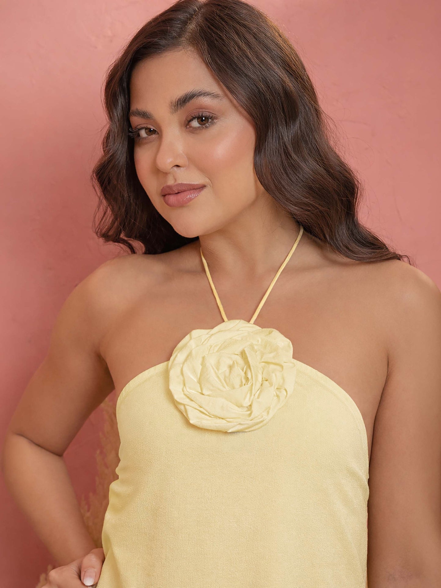 Yellow Front Corsage Halter Neck A-Line Midi Dress