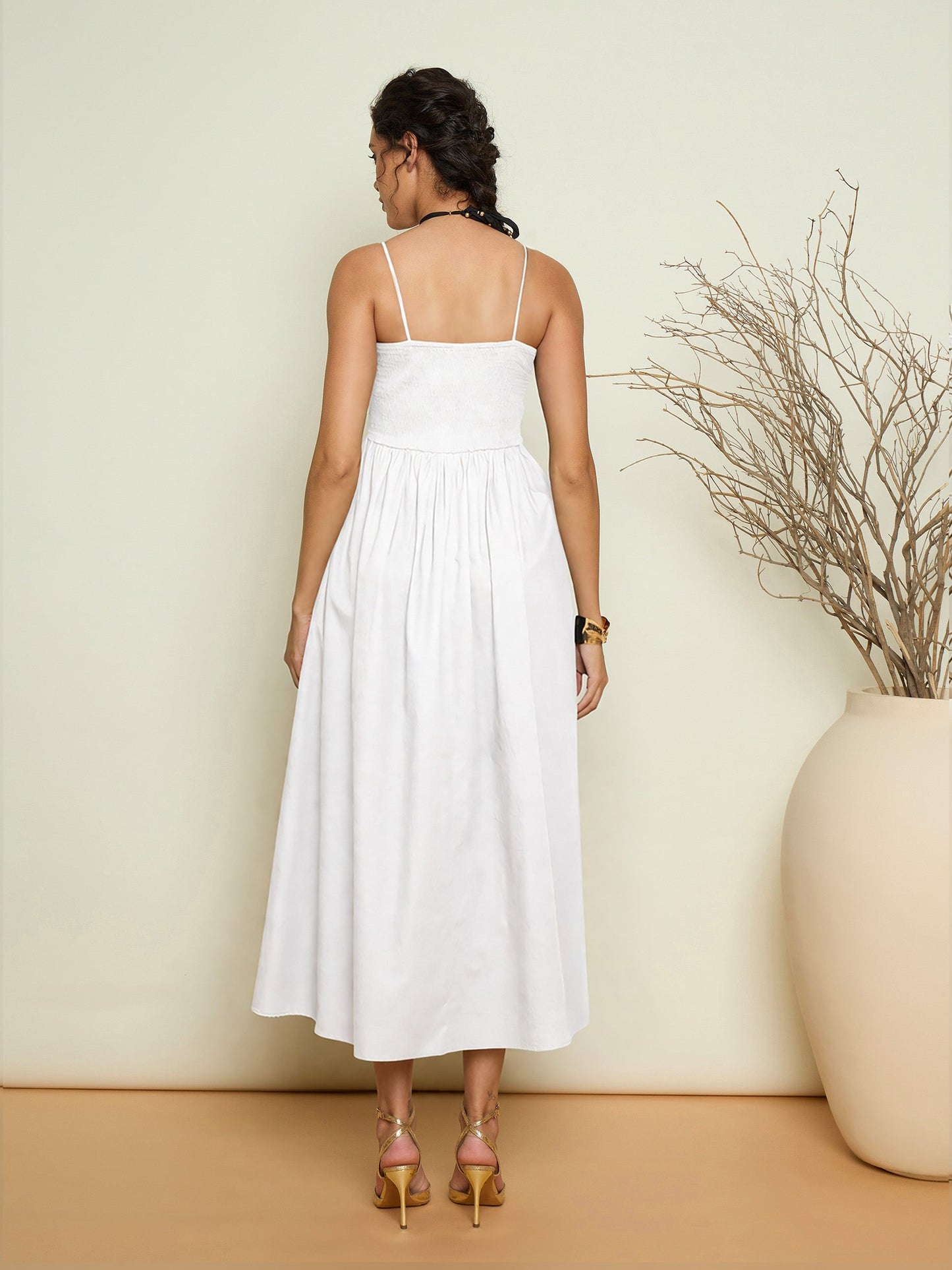 White Poplin Front Corsage Strappy Maxi Dress