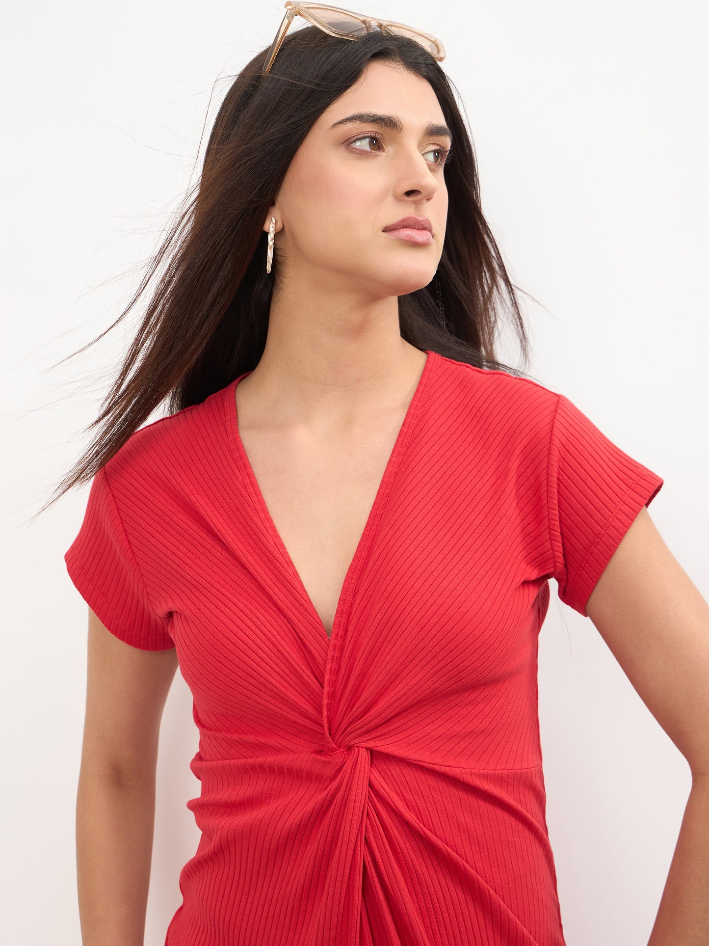 Red Rib Waist Twisted Bodycon Midi Dress
