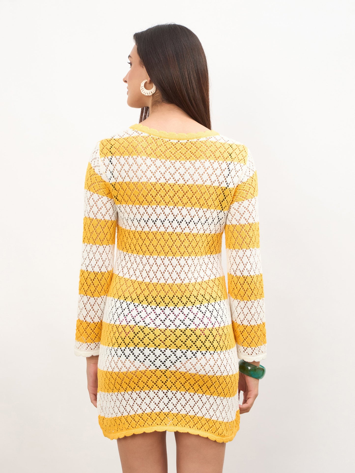 Mustard & White Crochet Full Sleeve Short Beach Dress