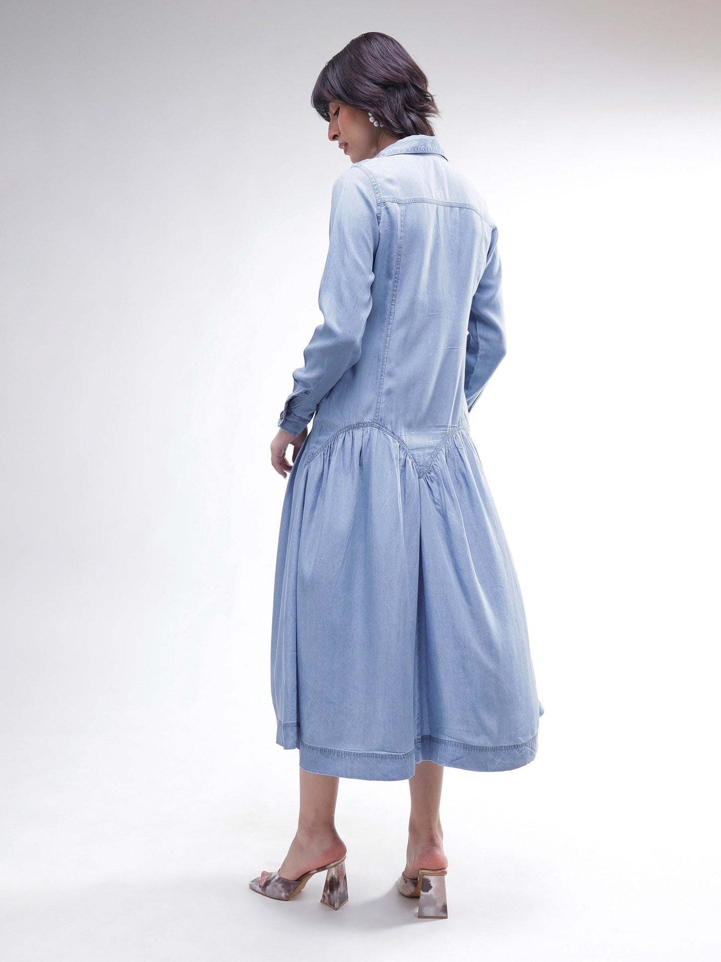 Women Blue Tencel Drop Waist Full Sleeve Maxi Dress