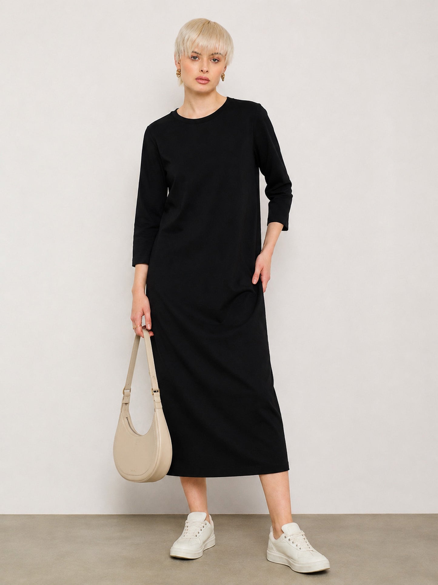 Women Black Long Sleeves T-Shirt Maxi Dress