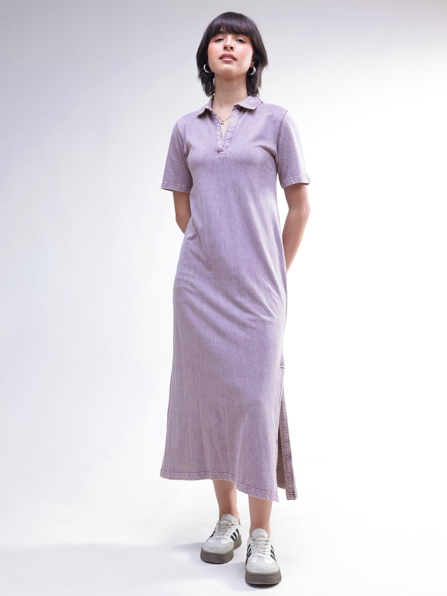 Women Lavender Overdyed Polo Neck T-Shirt Maxi Dress