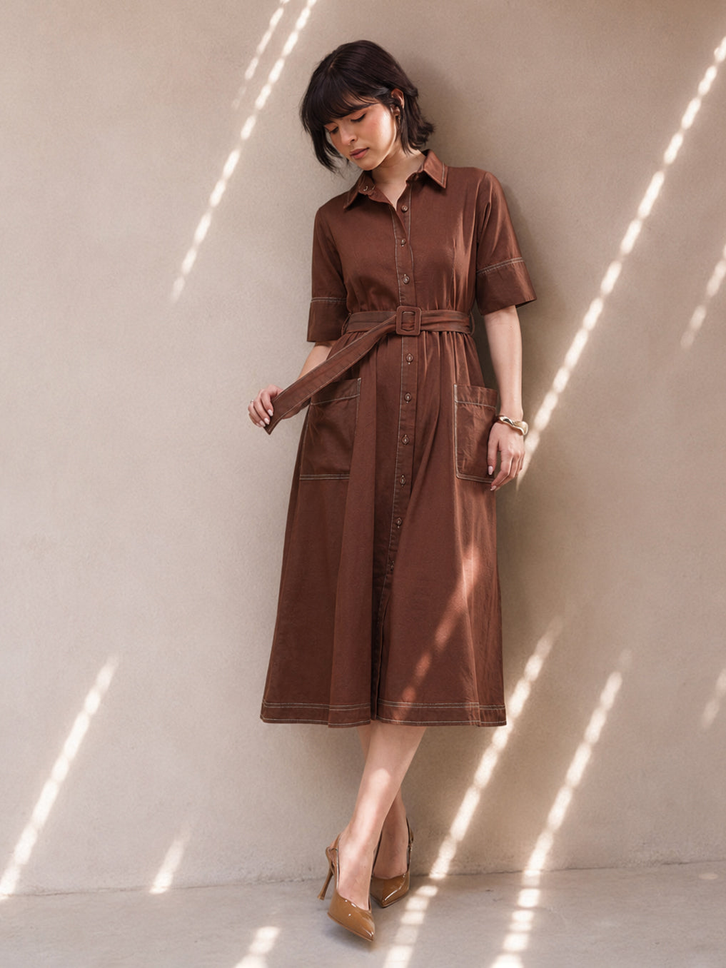 brown denim dress SASSAFRAS Shirt Midi Dress(XXL)by Myntra Size:Indiwidual size BS-1-10-7D-TW Andrea Bello Minimalist Commuter Available In Brown