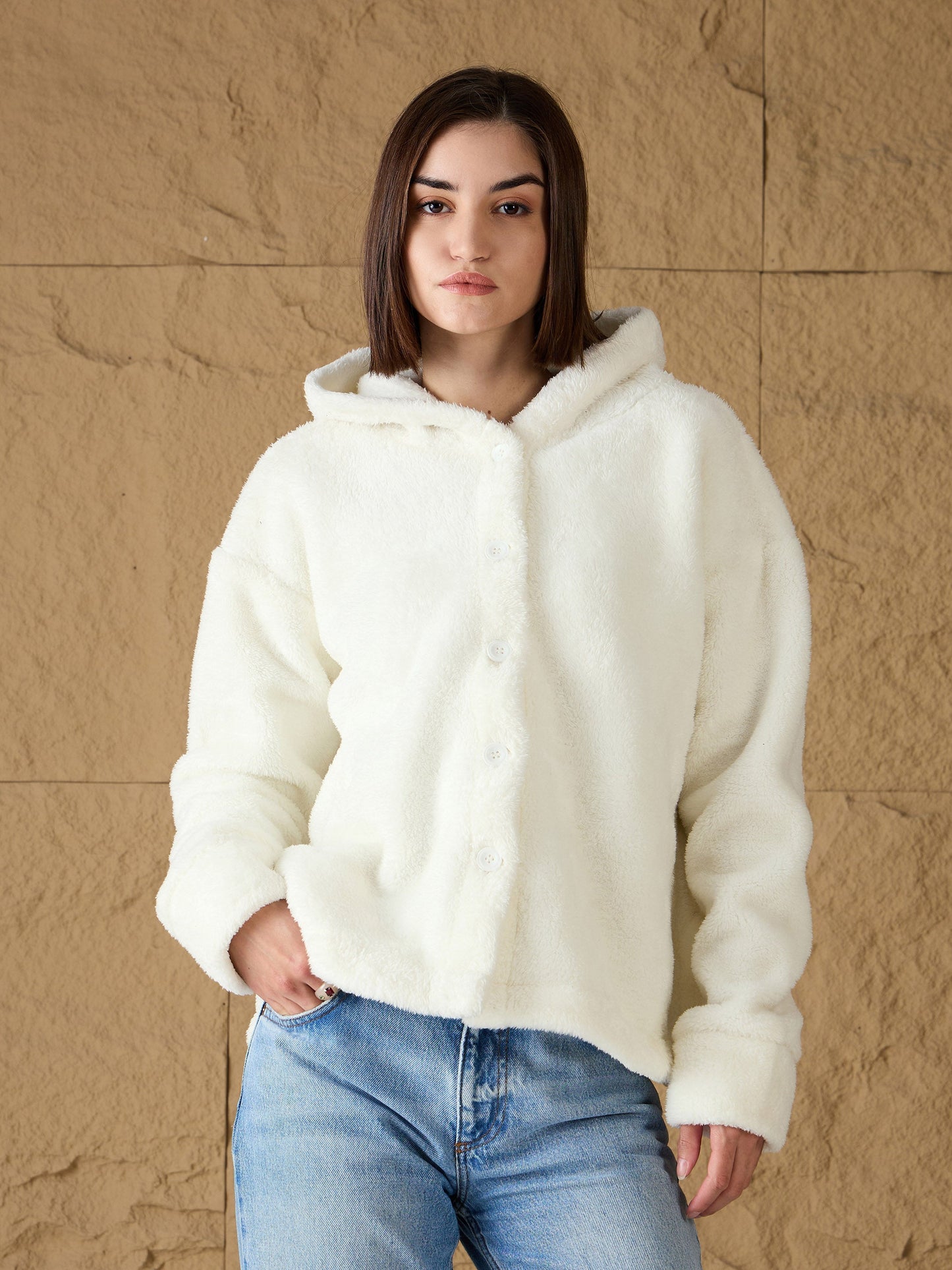 White Fur Button Placket Hooded Jacket