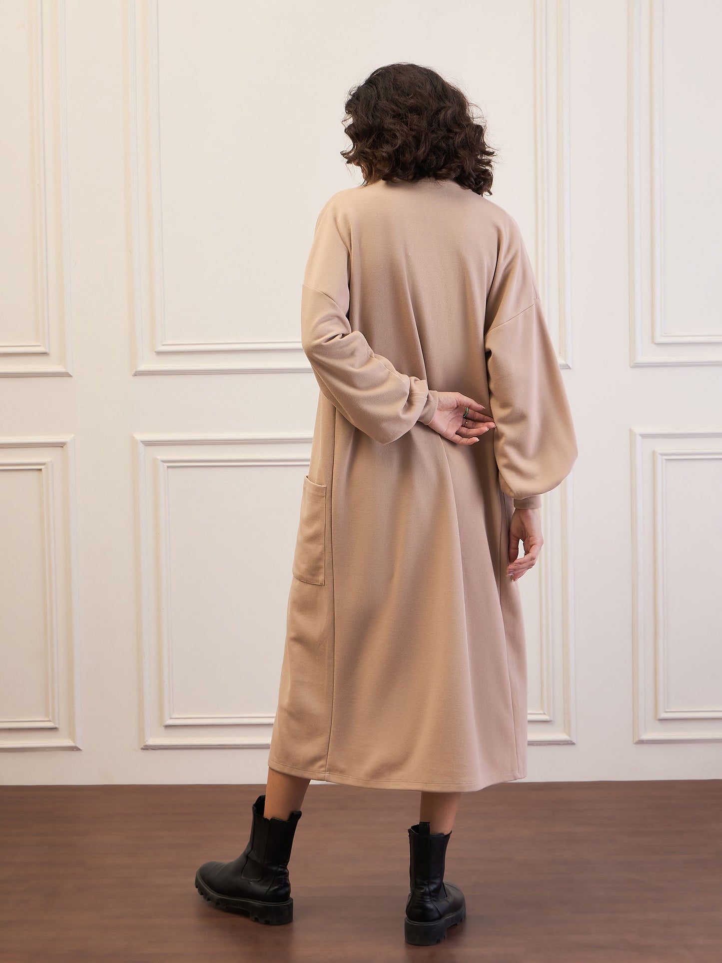 Women Beige Front Open Balloon Sleeve Shrug