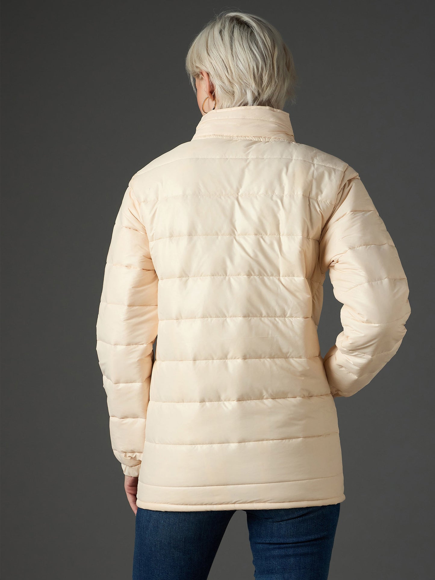 Women Peach High Neck Horizontal Quilt Puffer Jacket