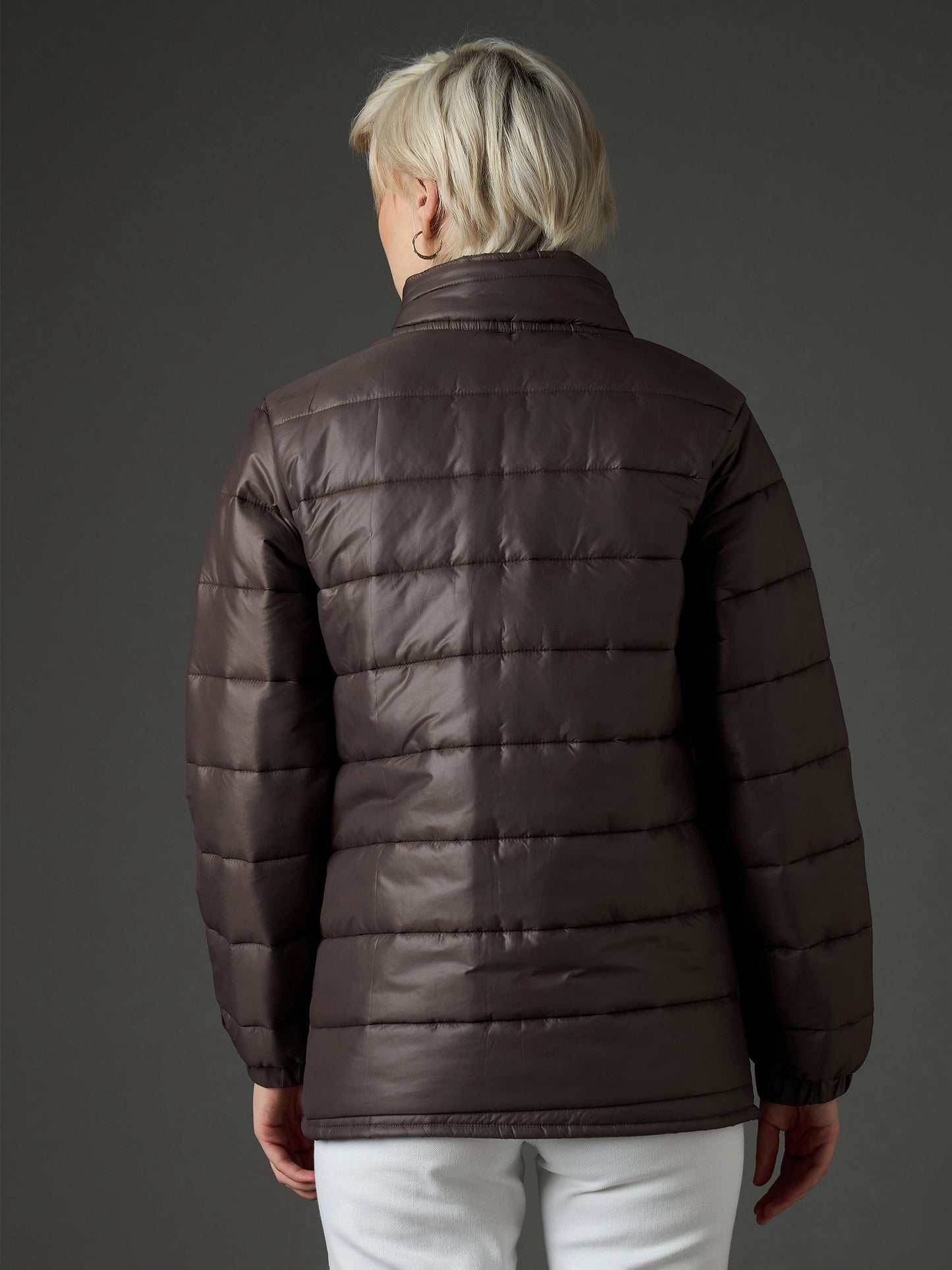Women Brown High Neck Horizontal Quilt Puffer Jacket