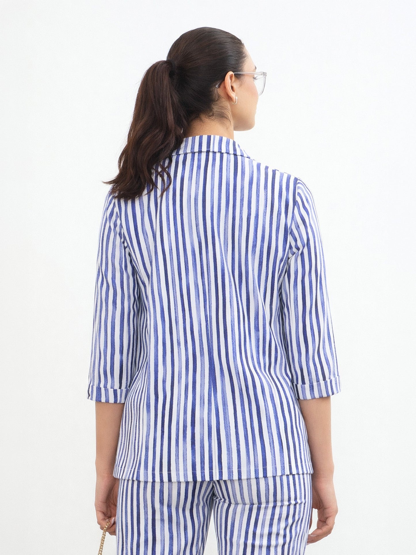 Blue Linen Striped Front Open Blazer