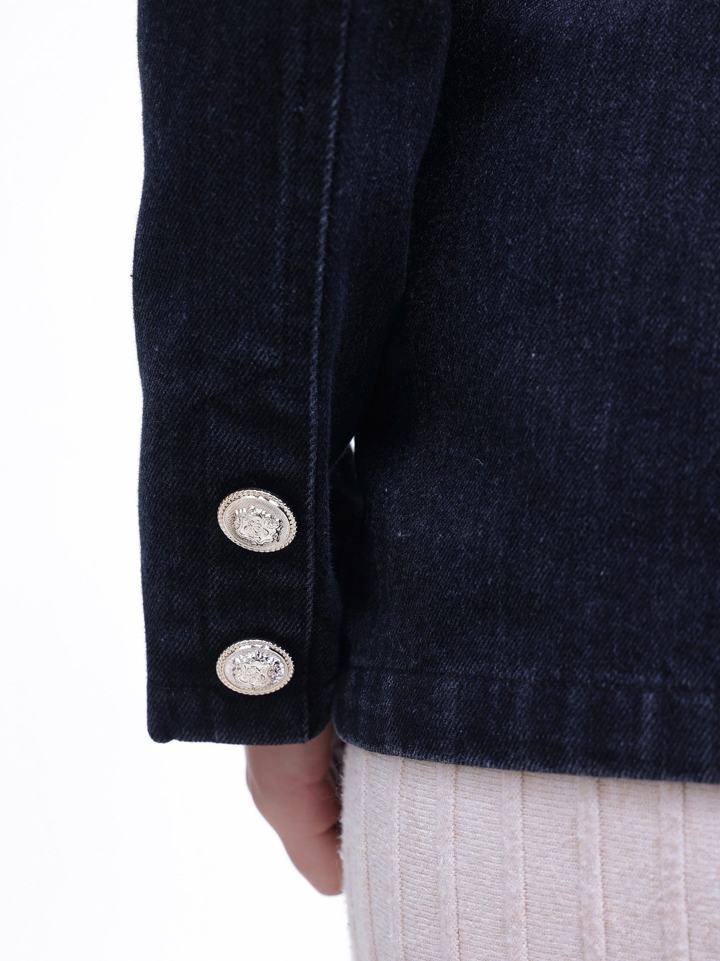Women Black Denim Double Breasted Full Sleeves Blazer