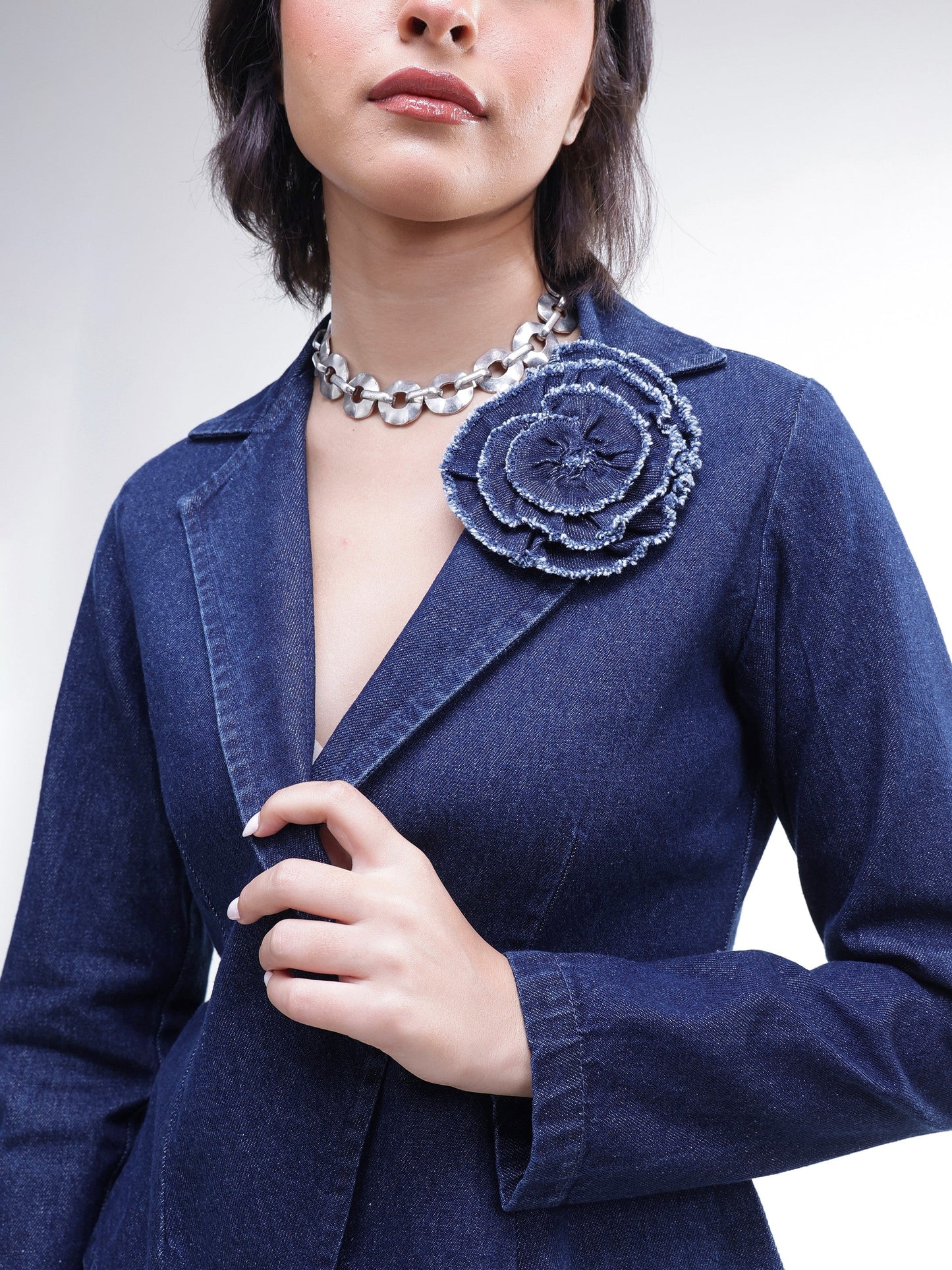 Women Navy Denim Front Corsage Blazer